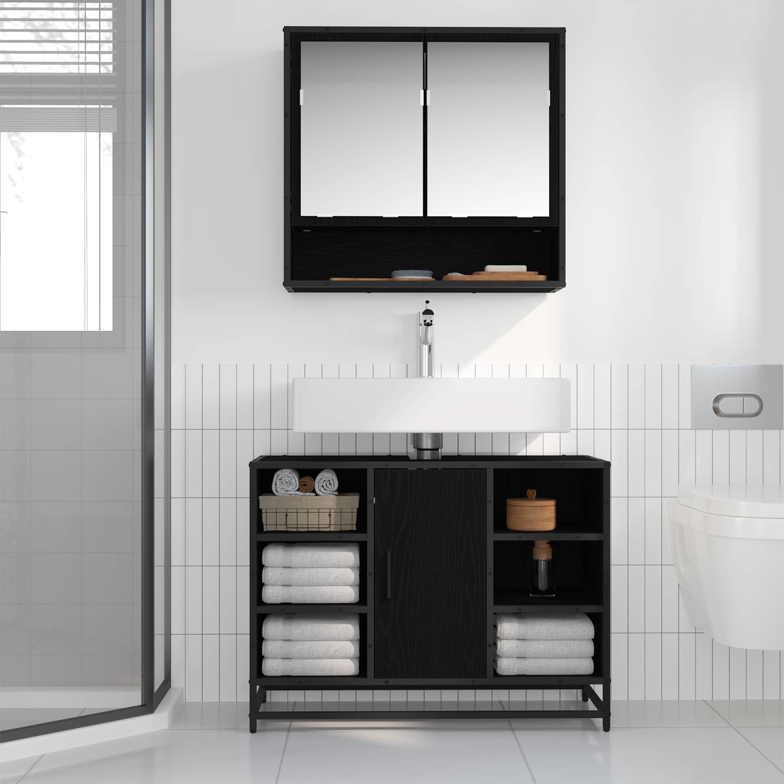 Badezimmermöbel-Set 2 pcs Schwarz Eichen-Optik Holzwerkstoff