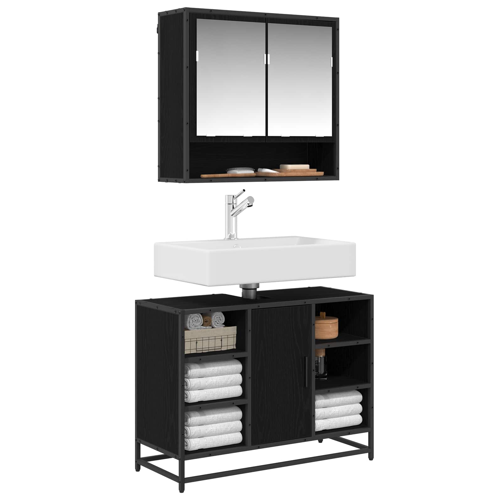 Badezimmermöbel-Set 2 pcs Schwarz Eichen-Optik Holzwerkstoff