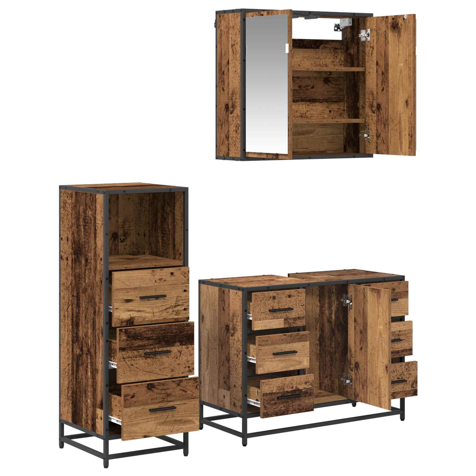 Badezimmermöbel-Set mit Schubladen 3 pcs Altholz Holzwerkstoff