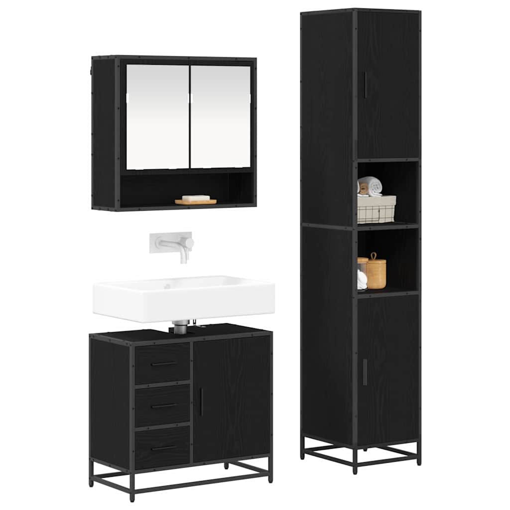 Badezimmermöbel-Set 3 pcs Schwarz Eichen-Optik Holzwerkstoff