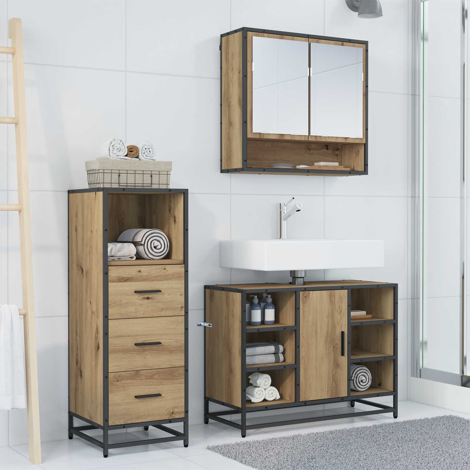 Badezimmermöbel-Set mit Regal 3 pcs Artisan-Eiche Holzwerkstoff