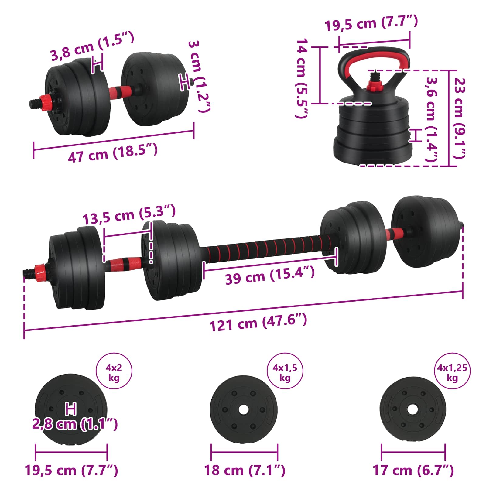 4-in-1 Kurzhantel Langhantel Kettlebell Set 20 kg
