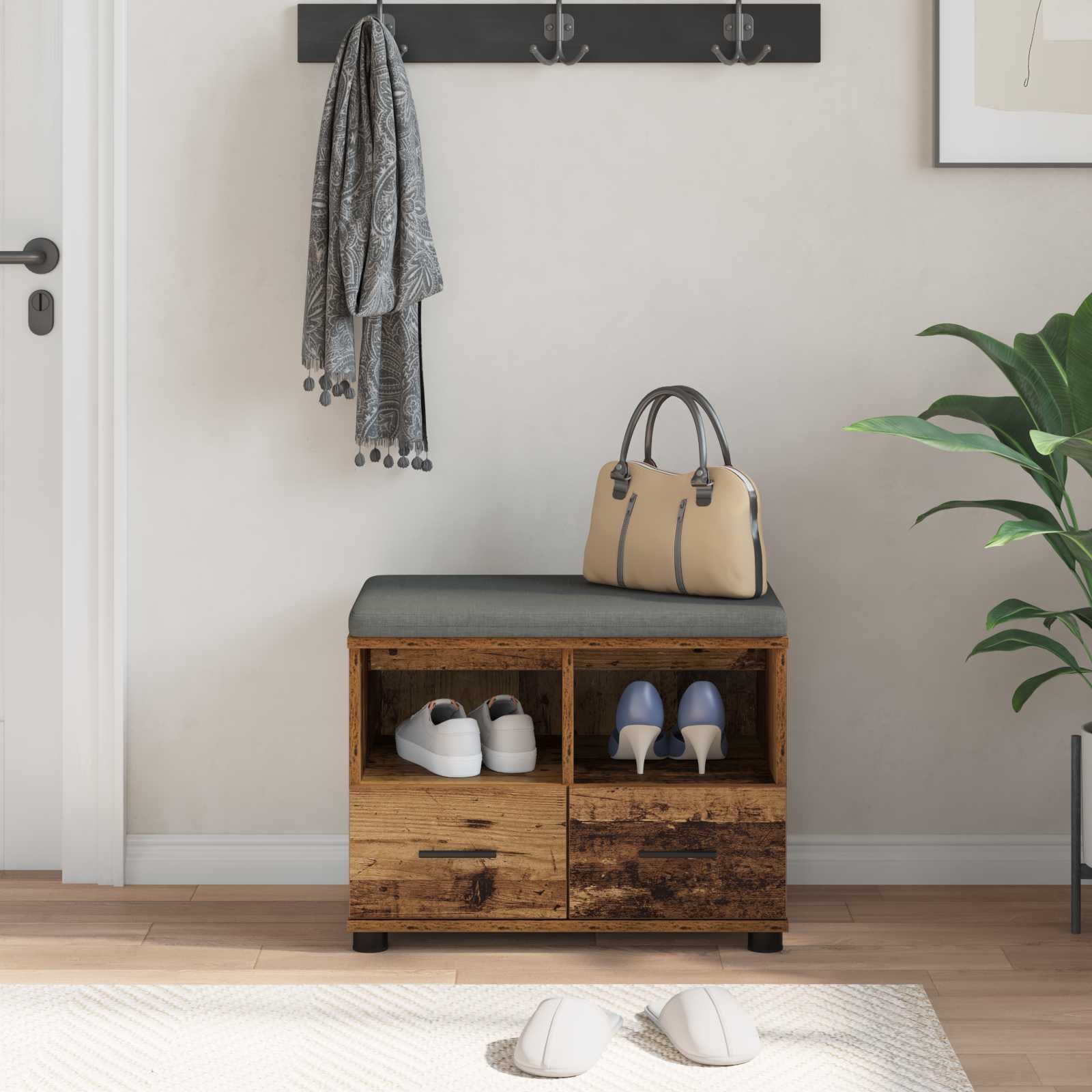 Flurbank mit Kissen mit Schubladen Altholz 60 x 38 x 46 cm