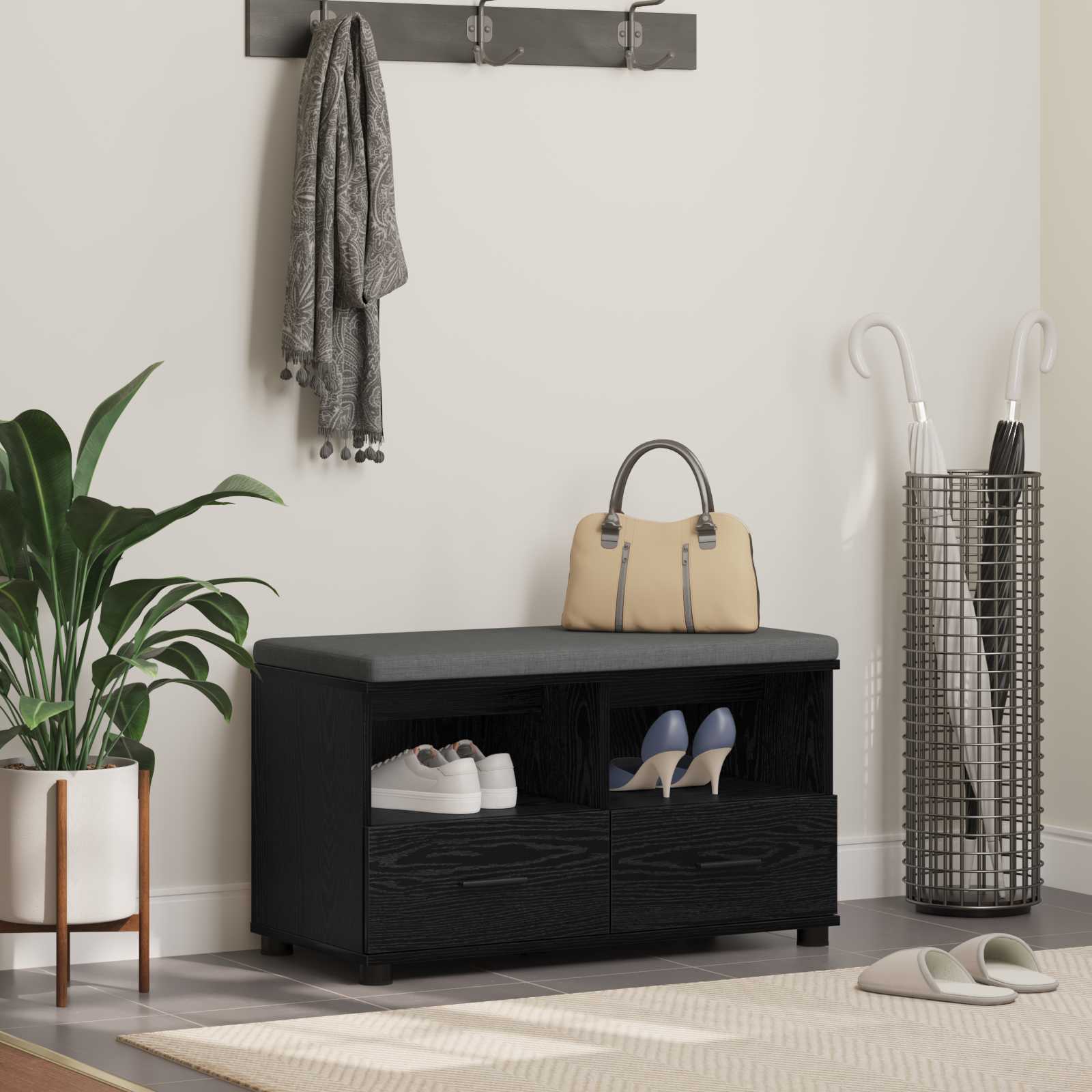 Flurbank mit Kissen mit Regal Schwarze Eiche 80 x 38 x 46 cm