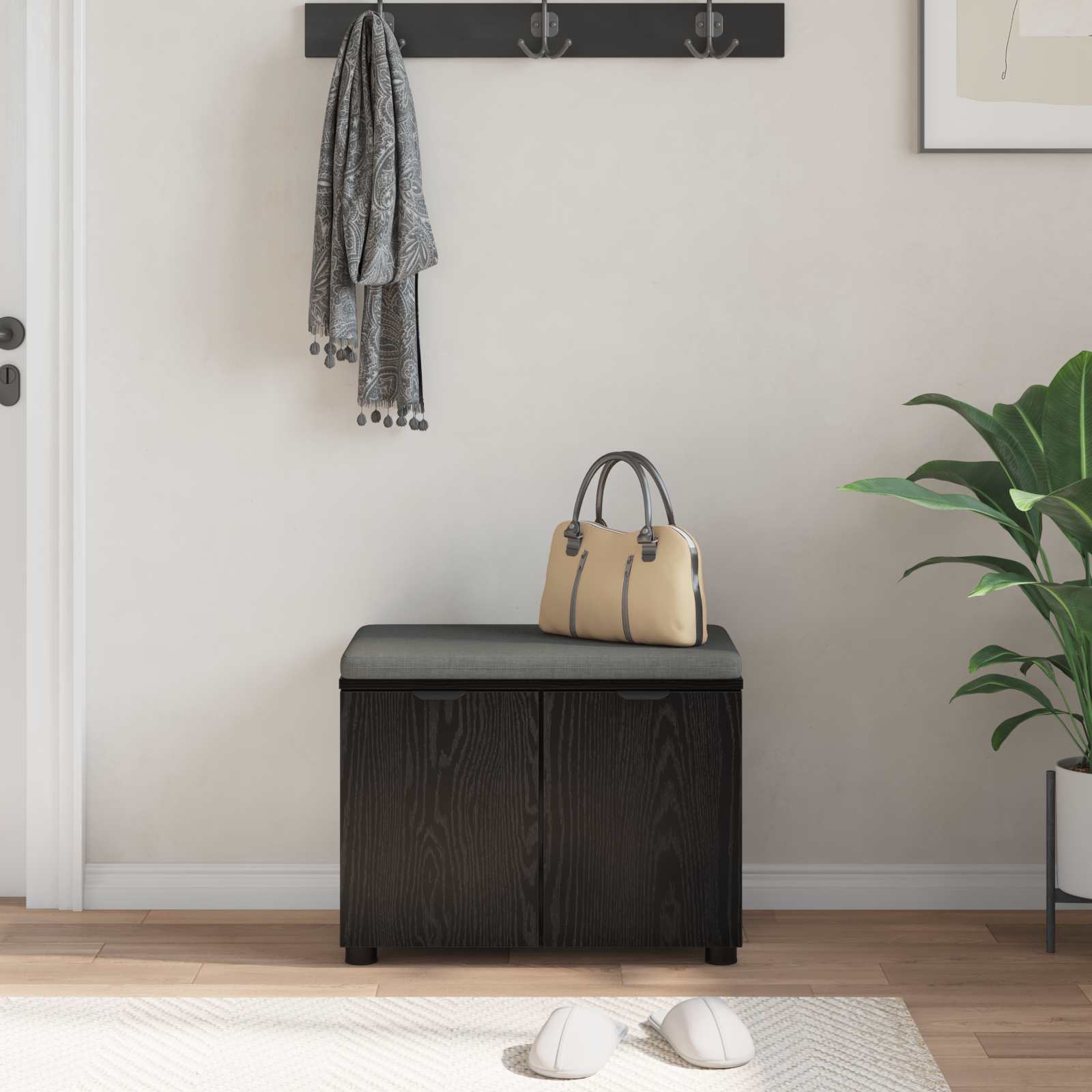 Flurbank mit Kissen mit Regal Schwarze Eiche 60 x 38 x 46 cm