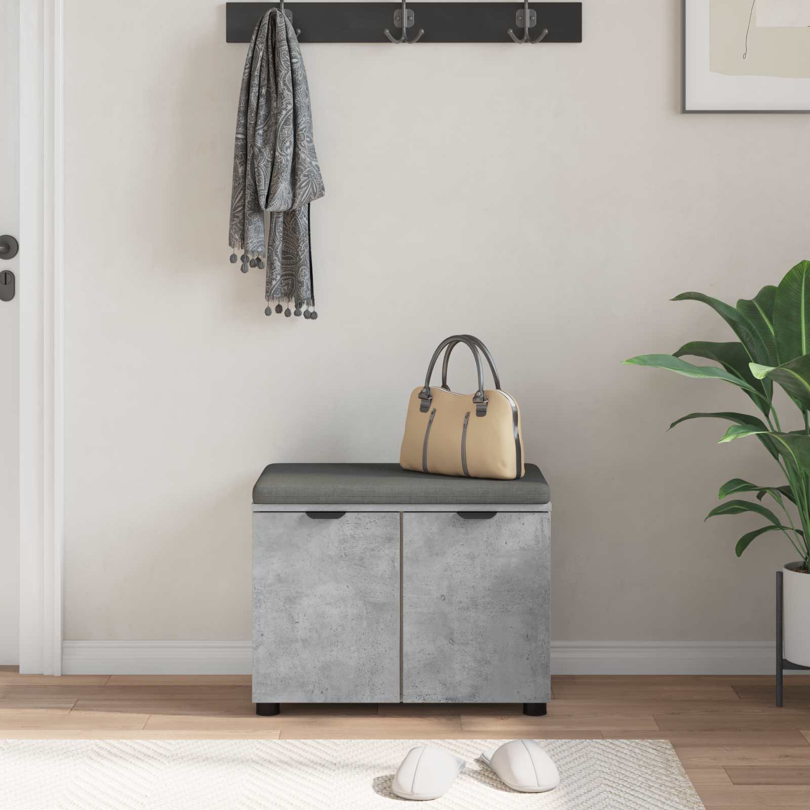 Flurbank mit Kissen mit Regal mit Tür Betongrau 60 x 38 x 46 cm