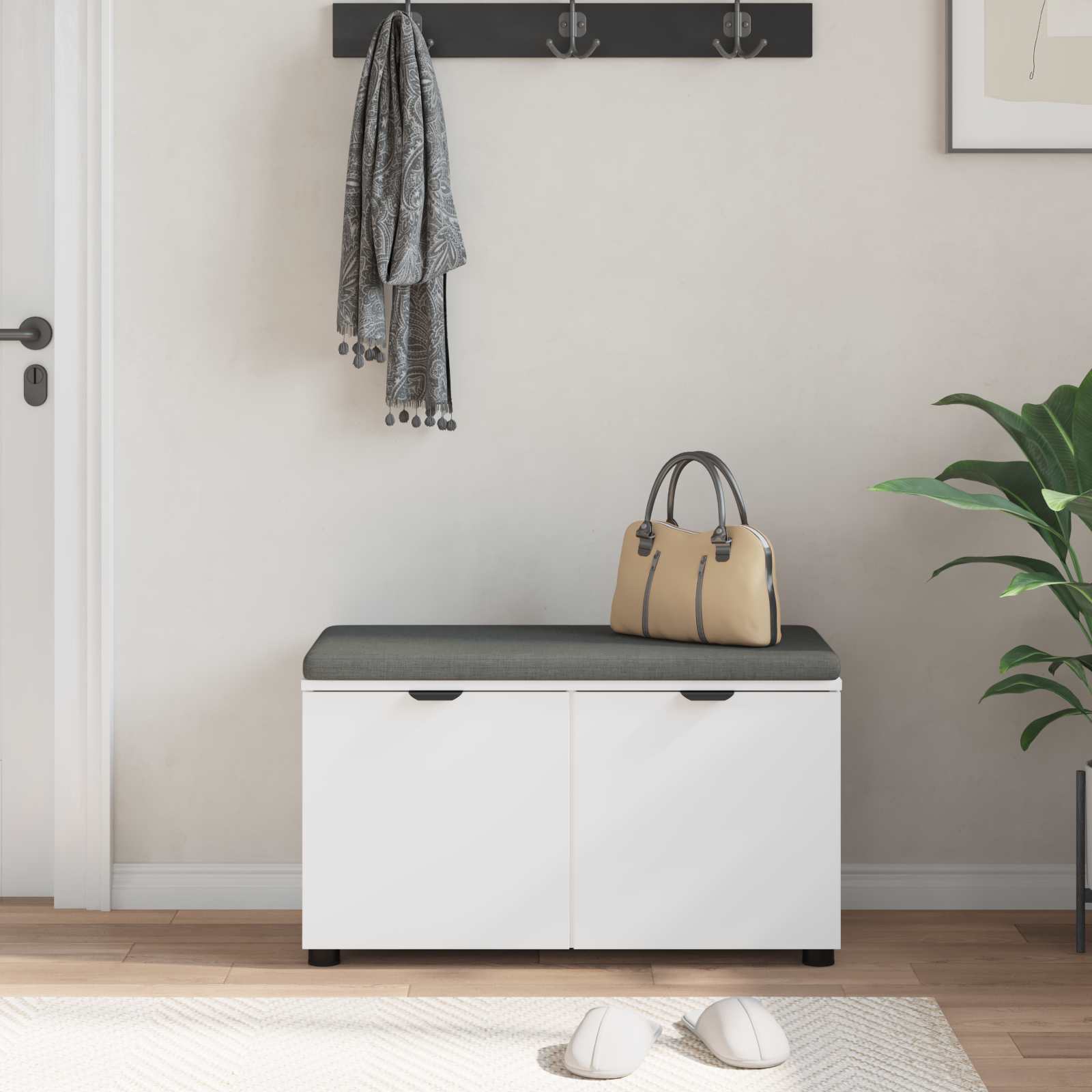 Flurbank mit Kissen mit Regal mit Speicher Weiß 80 x 38 x 46 cm