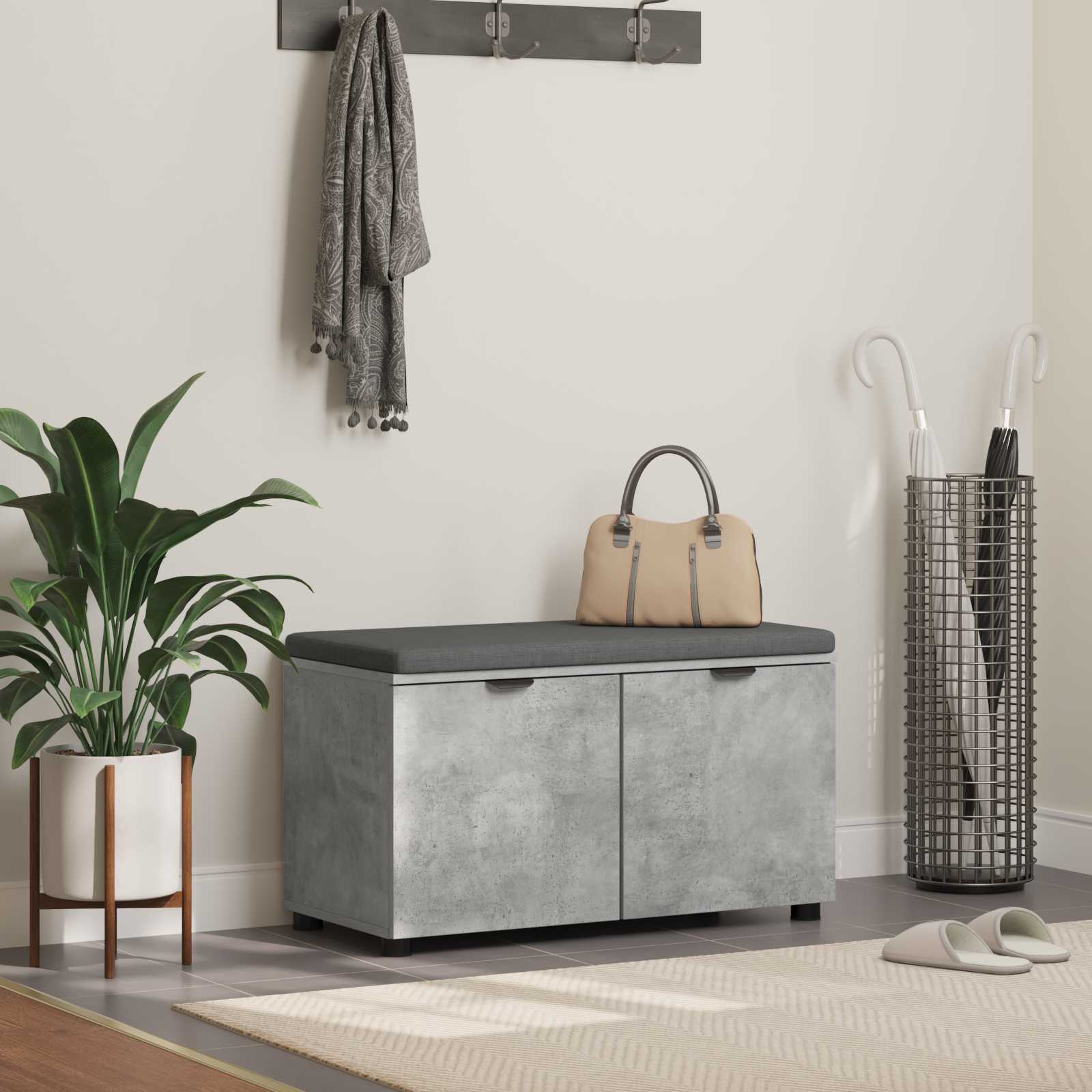 Flurbank mit Kissen mit Regal mit Tür Betongrau 80 x 38 x 46 cm