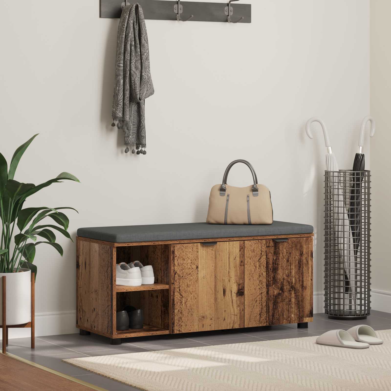 Flurbank mit Kissen mit Regal mit Tür Altholz 100 x 38 x 46 cm