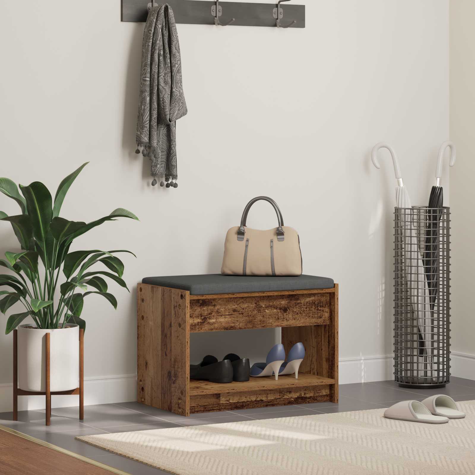 Flurbank mit Kissen mit Regal Altholz 63 x 38 x 45 cm