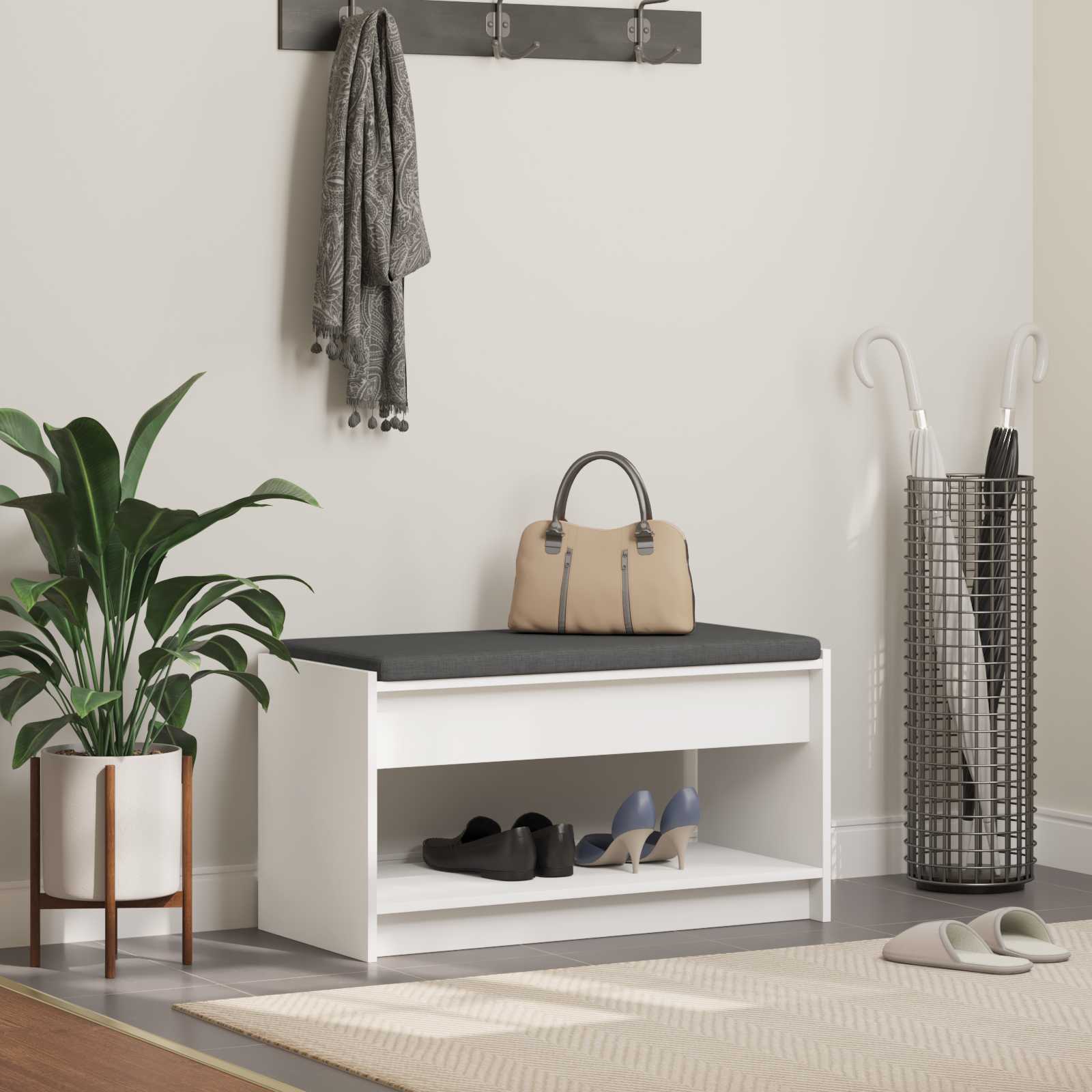 Flurbank mit Kissen mit Regal mit Speicher Weiß 83 x 38 x 45 cm