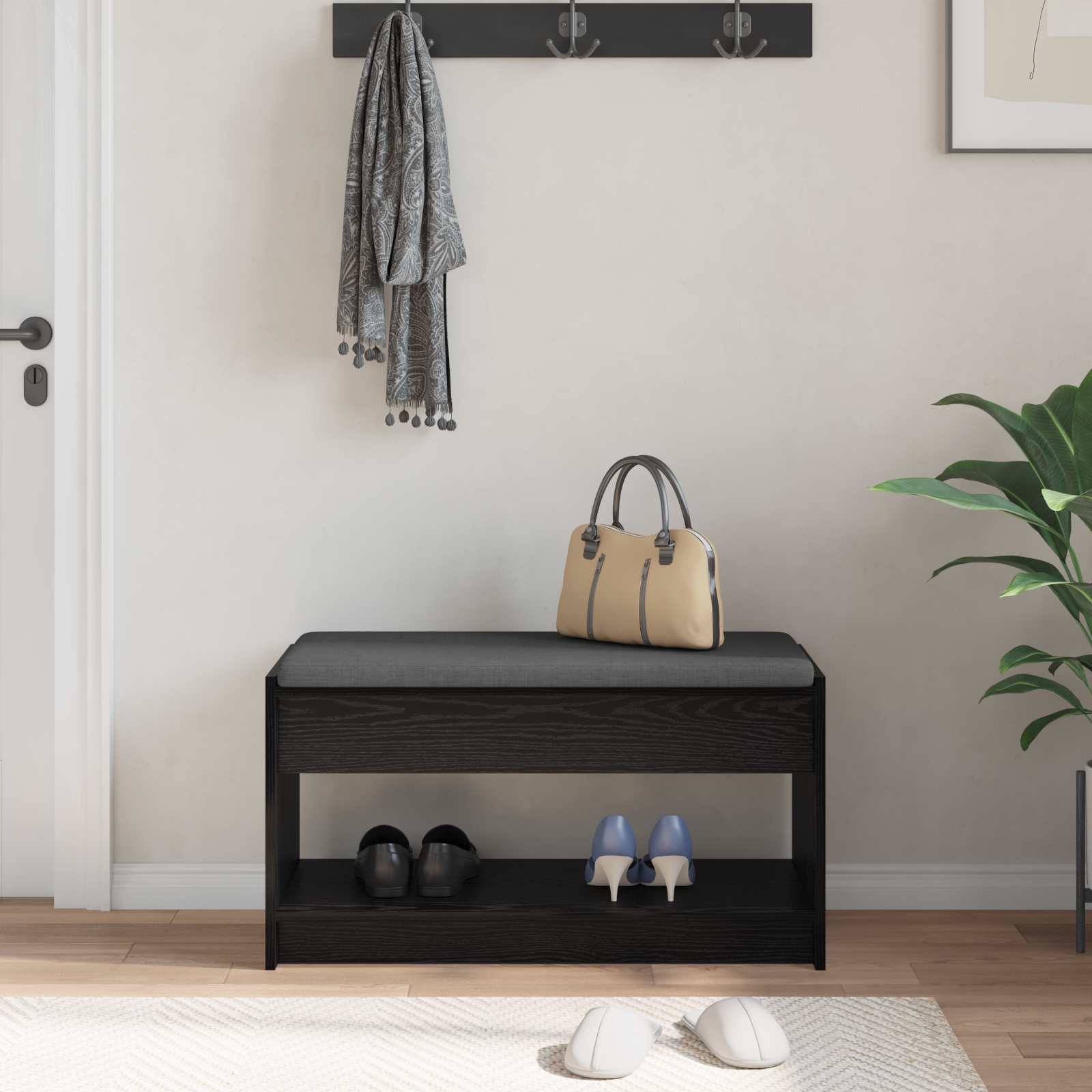 Flurbank mit Kissen mit Regal Schwarze Eiche 83 x 38 x 45 cm