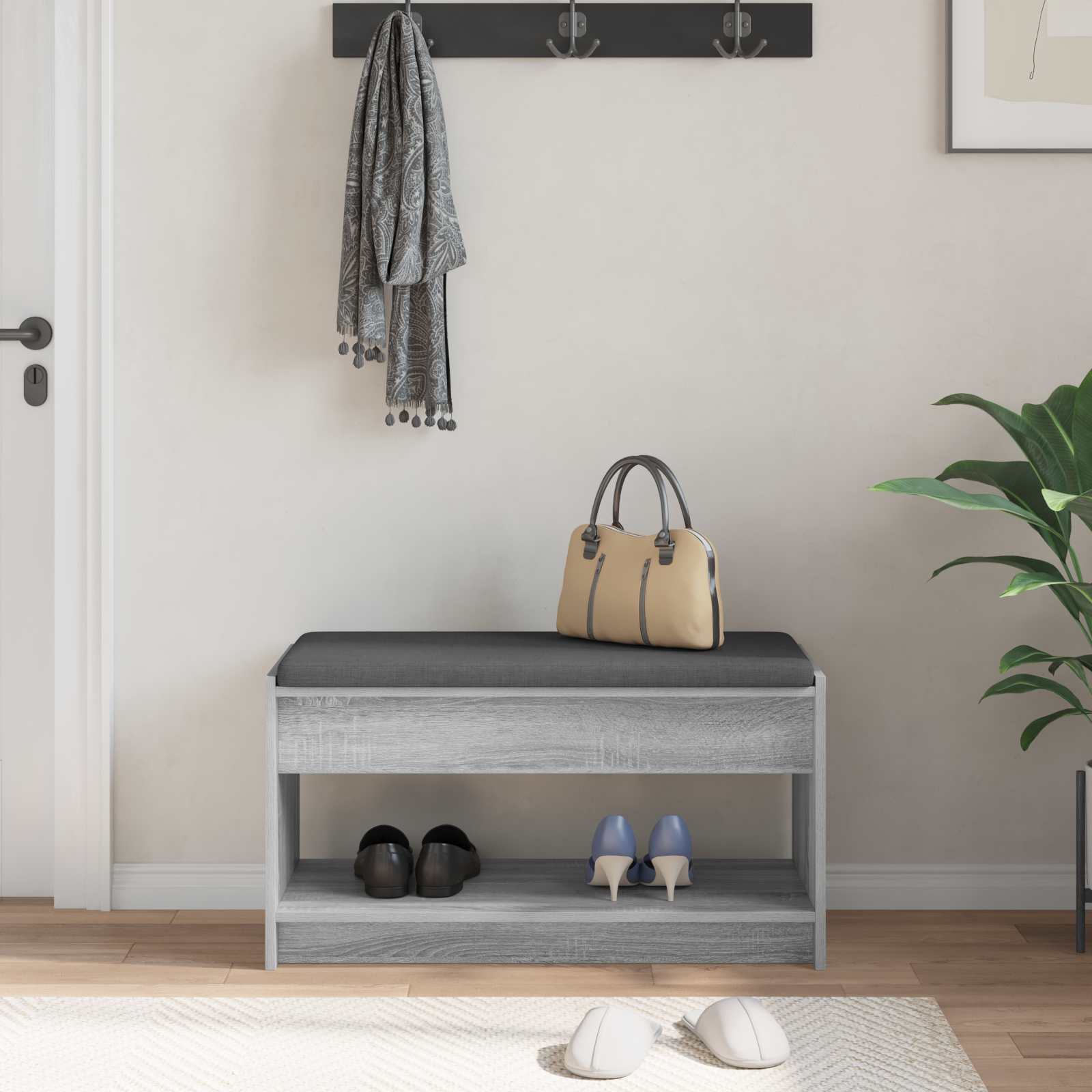 Flurbank mit Kissen mit Regal Graues Sonoma 83 x 38 x 45 cm