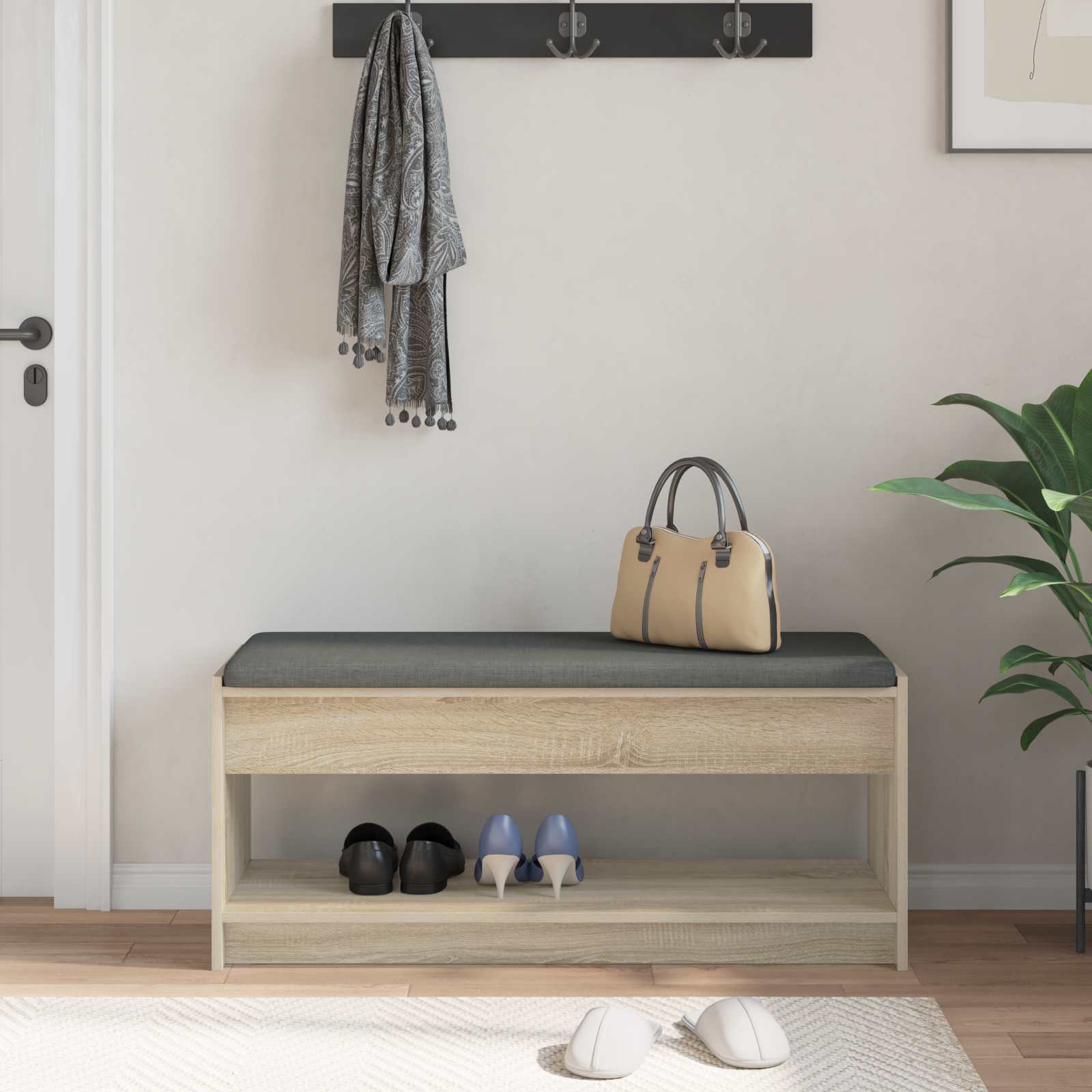 Flurbank mit Kissen mit Regal Sonoma-Eiche 103 x 38 x 45 cm