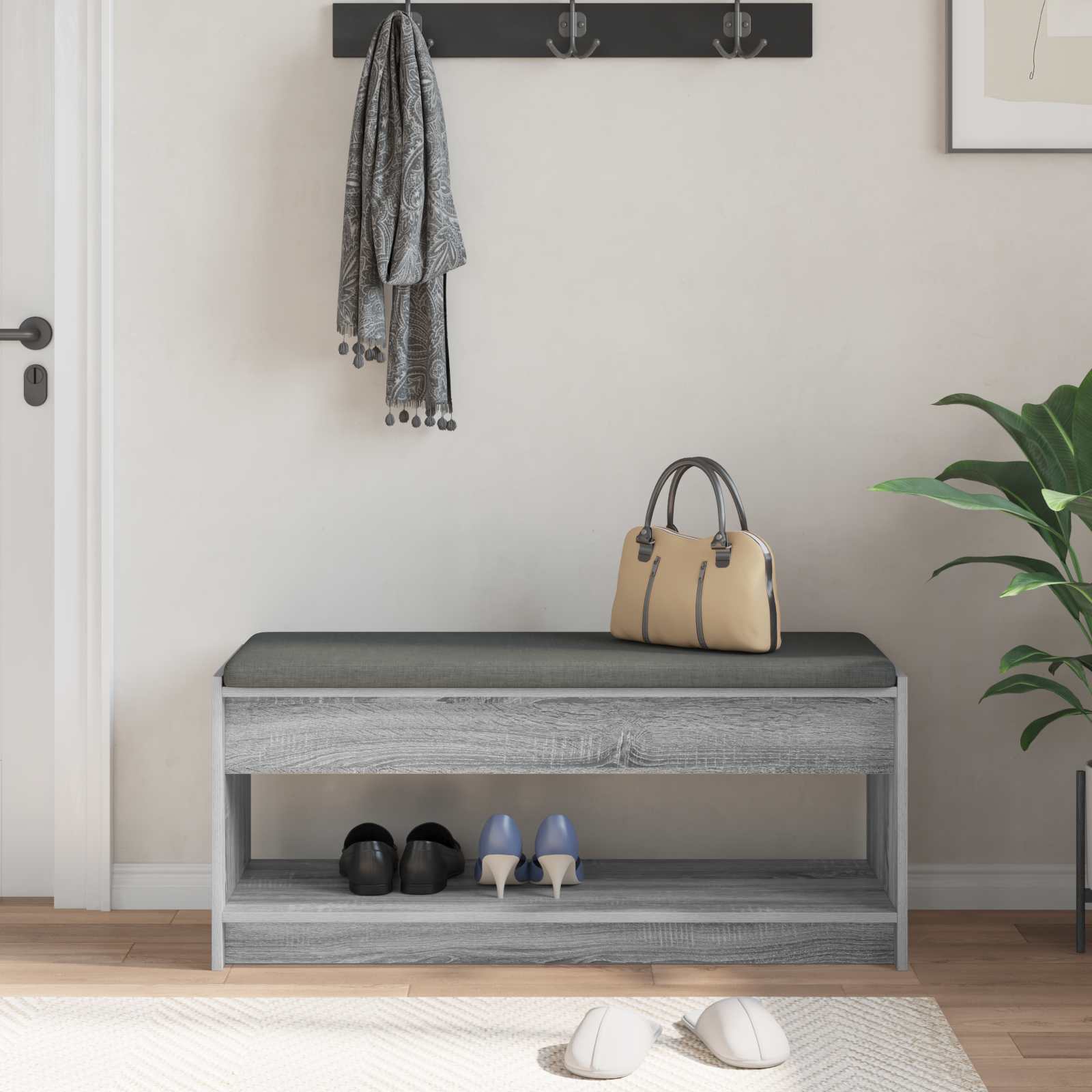 Flurbank mit Kissen mit Regal Graues Sonoma 103 x 38 x 45 cm