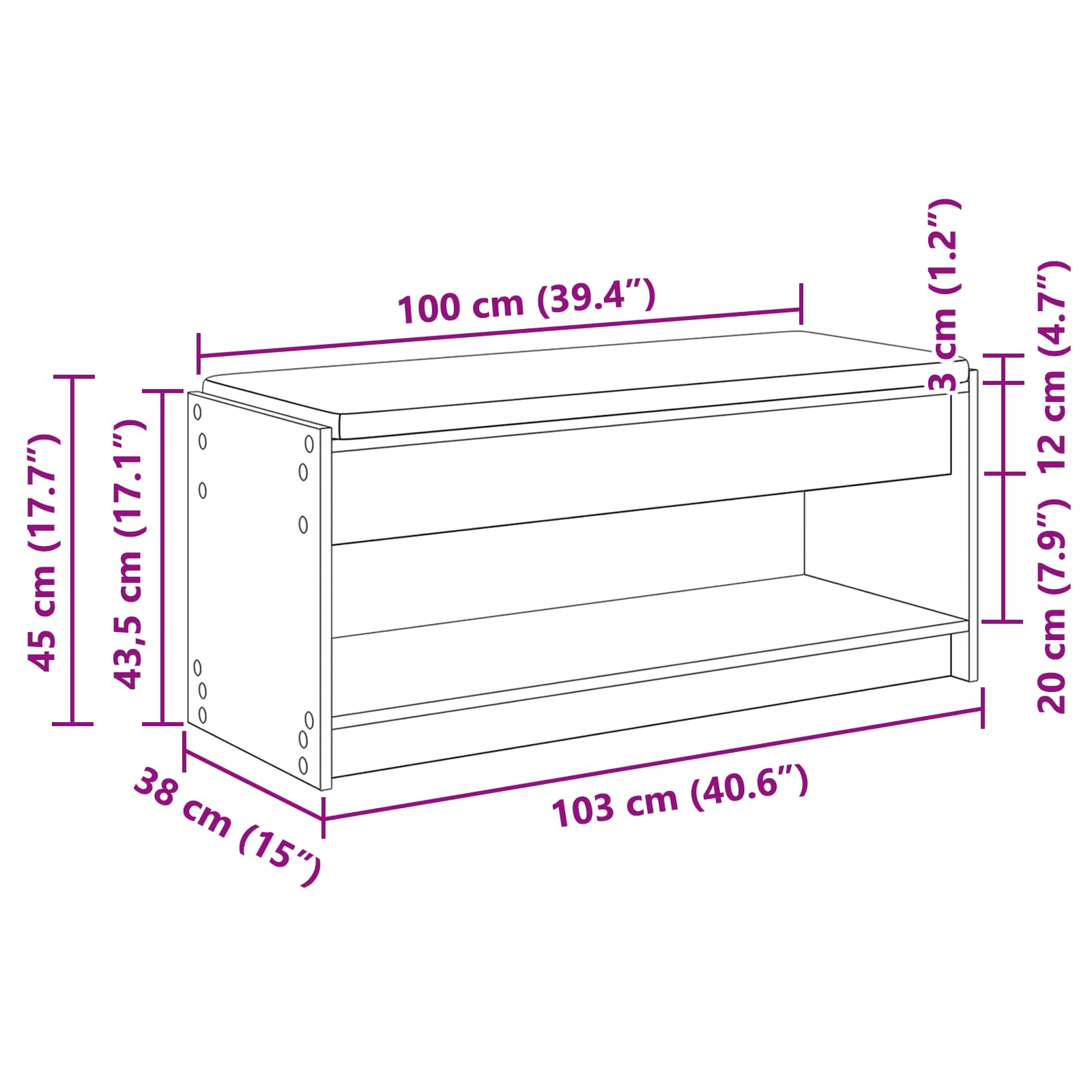 Flurbank mit Kissen mit Regal Graues Sonoma 103 x 38 x 45 cm