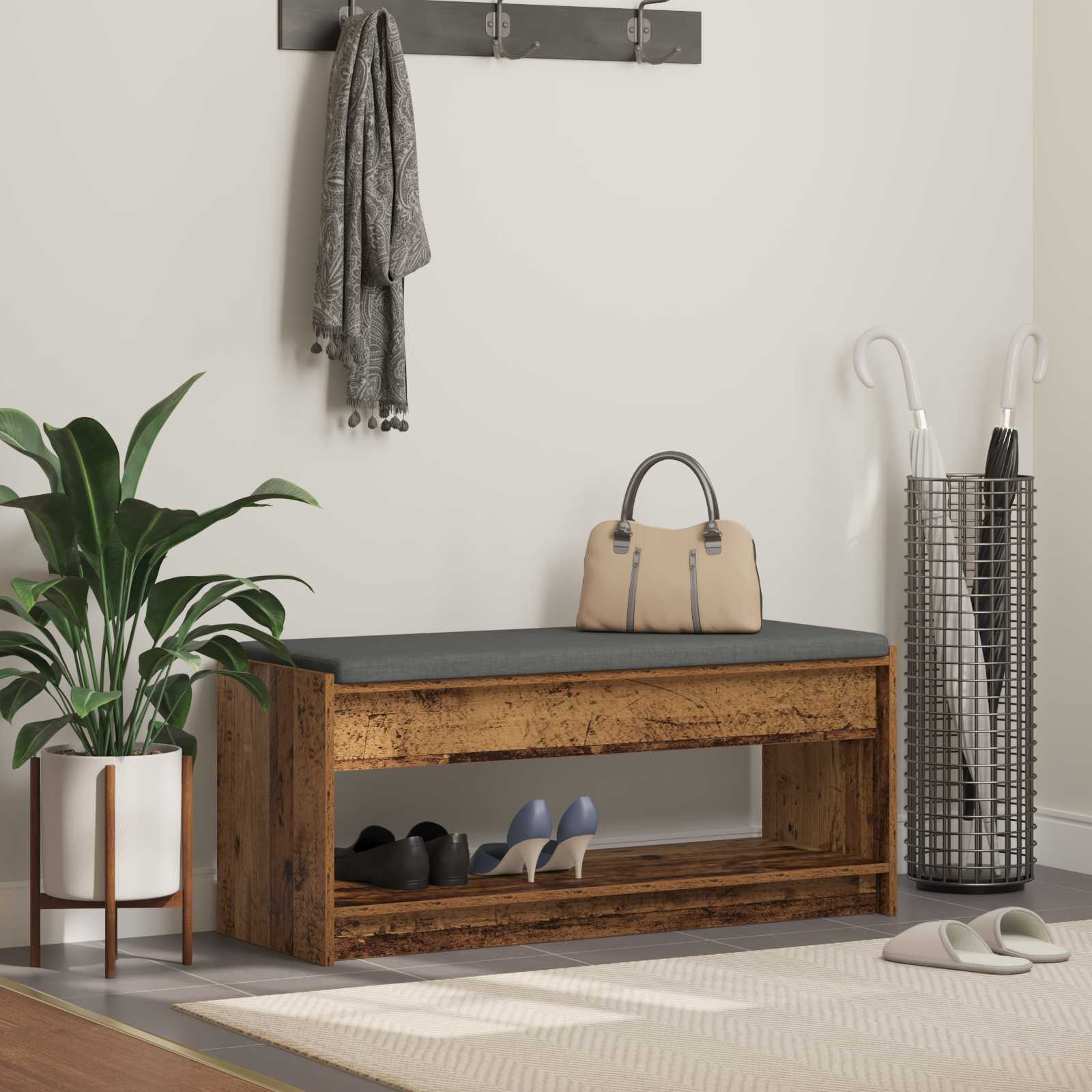 Flurbank mit Kissen mit Regal Altholz 103 x 38 x 45 cm