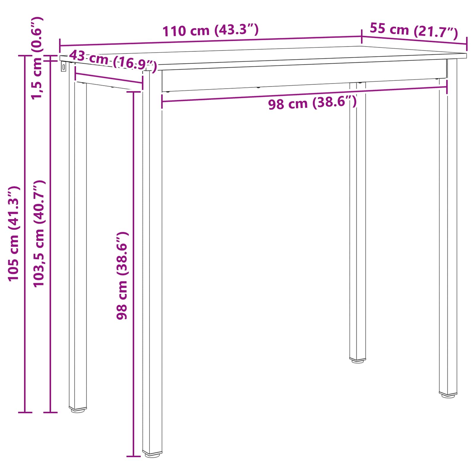 Bartisch Natur 110 x 55 x 105 cm Massives Kiefernholz