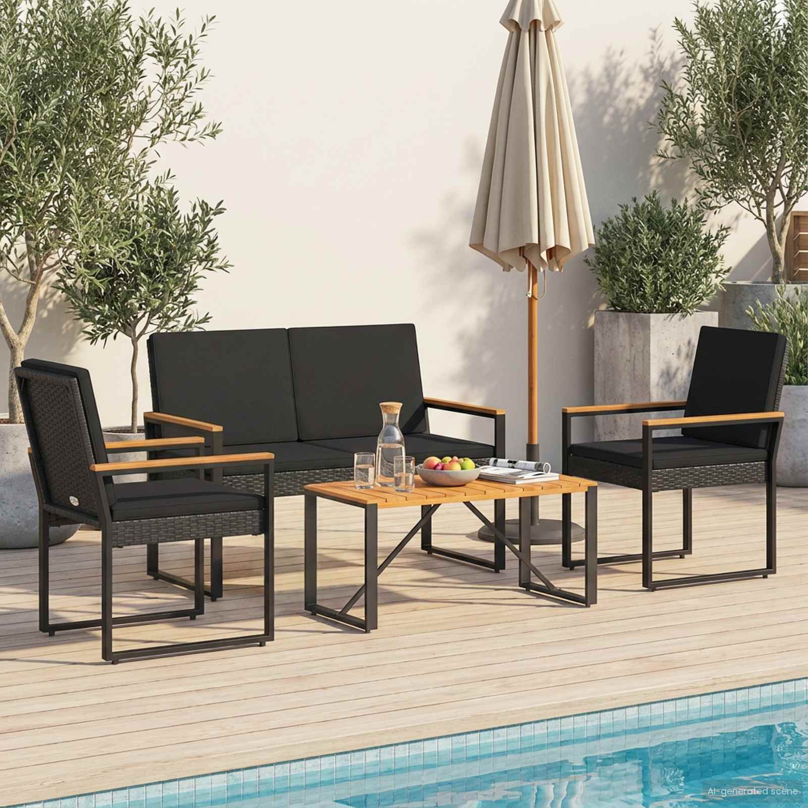 Gartenmöbel Set mit Kissen 4 pcs Schwarz Poly-Rattan