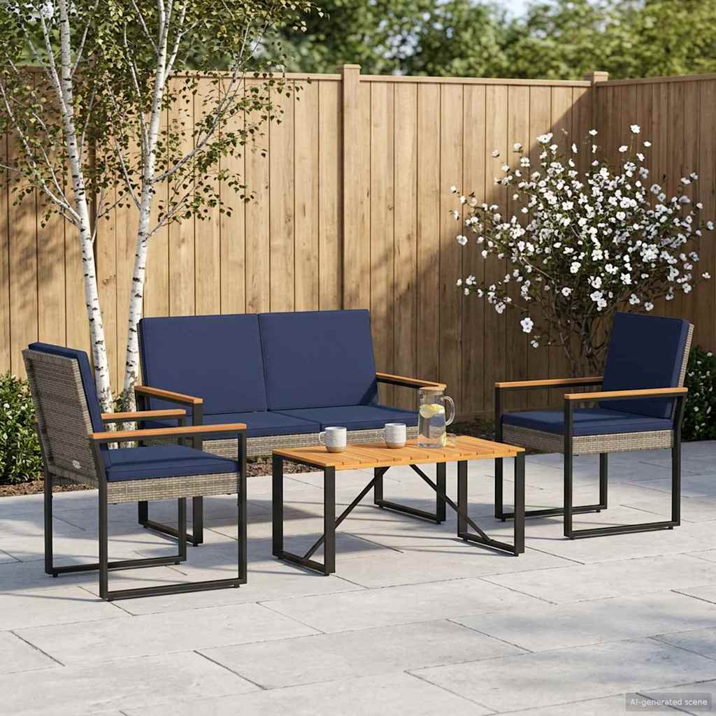 Gartenmöbel Set 4 pcs Grau und Marineblau Poly-Rattan