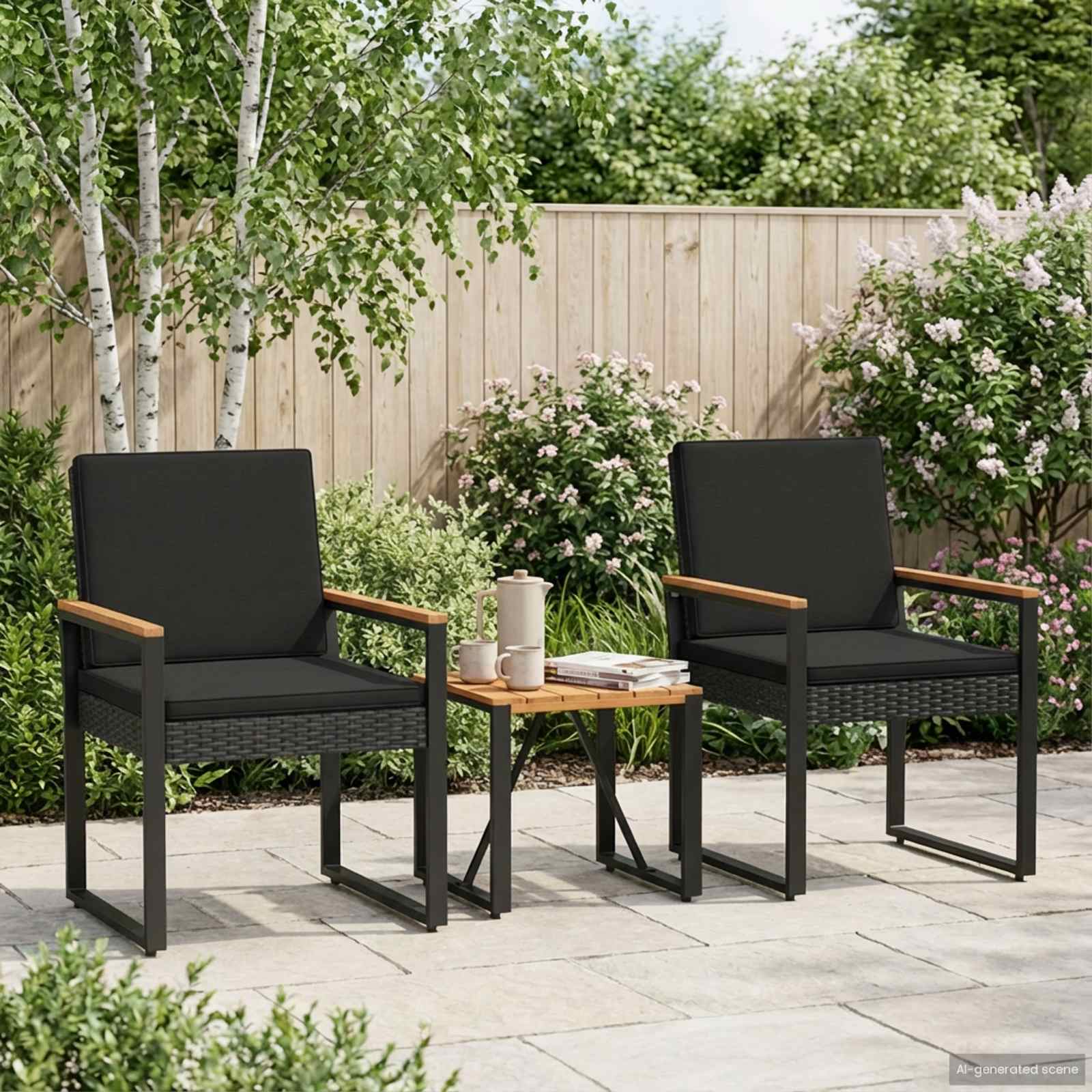 Gartenmöbel Set mit Kissen 3 pcs Schwarz Poly-Rattan
