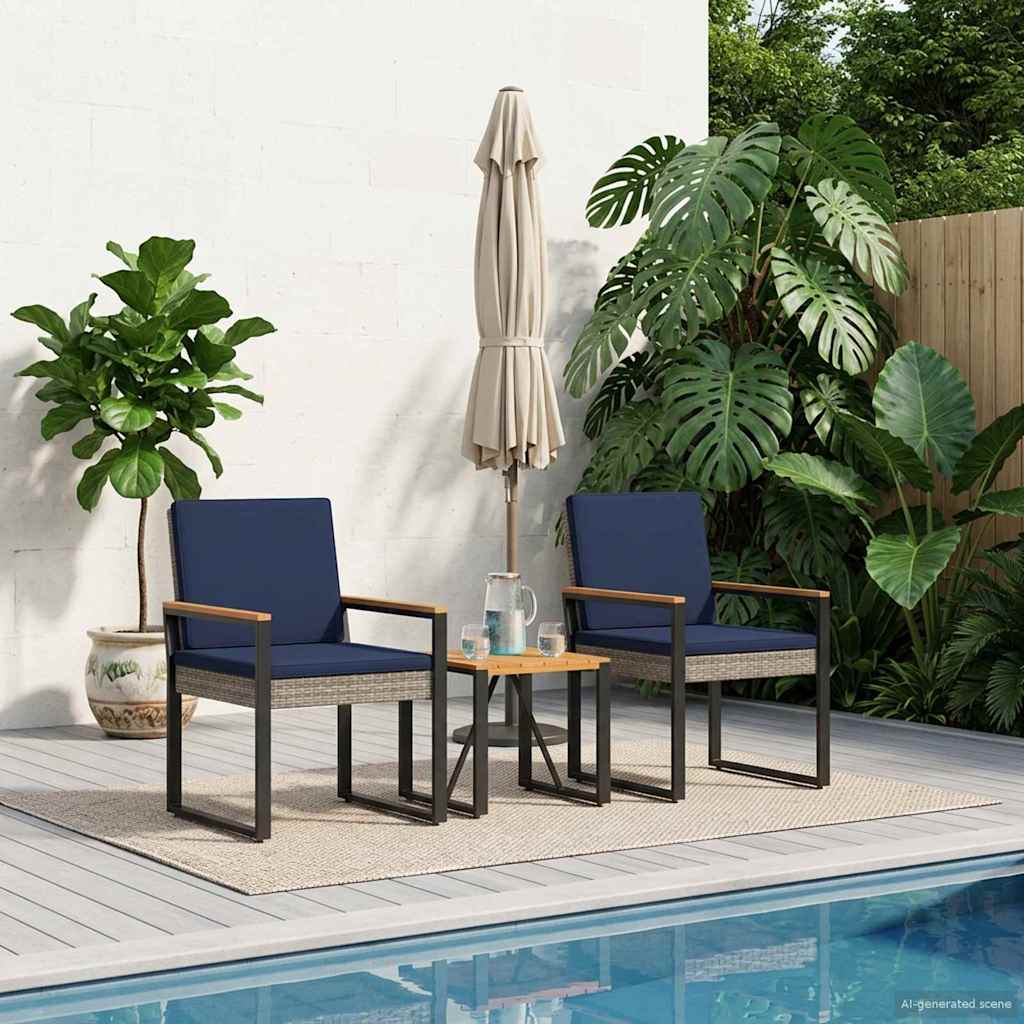 Gartenmöbel Set 3 pcs Grau und Marineblau Poly-Rattan