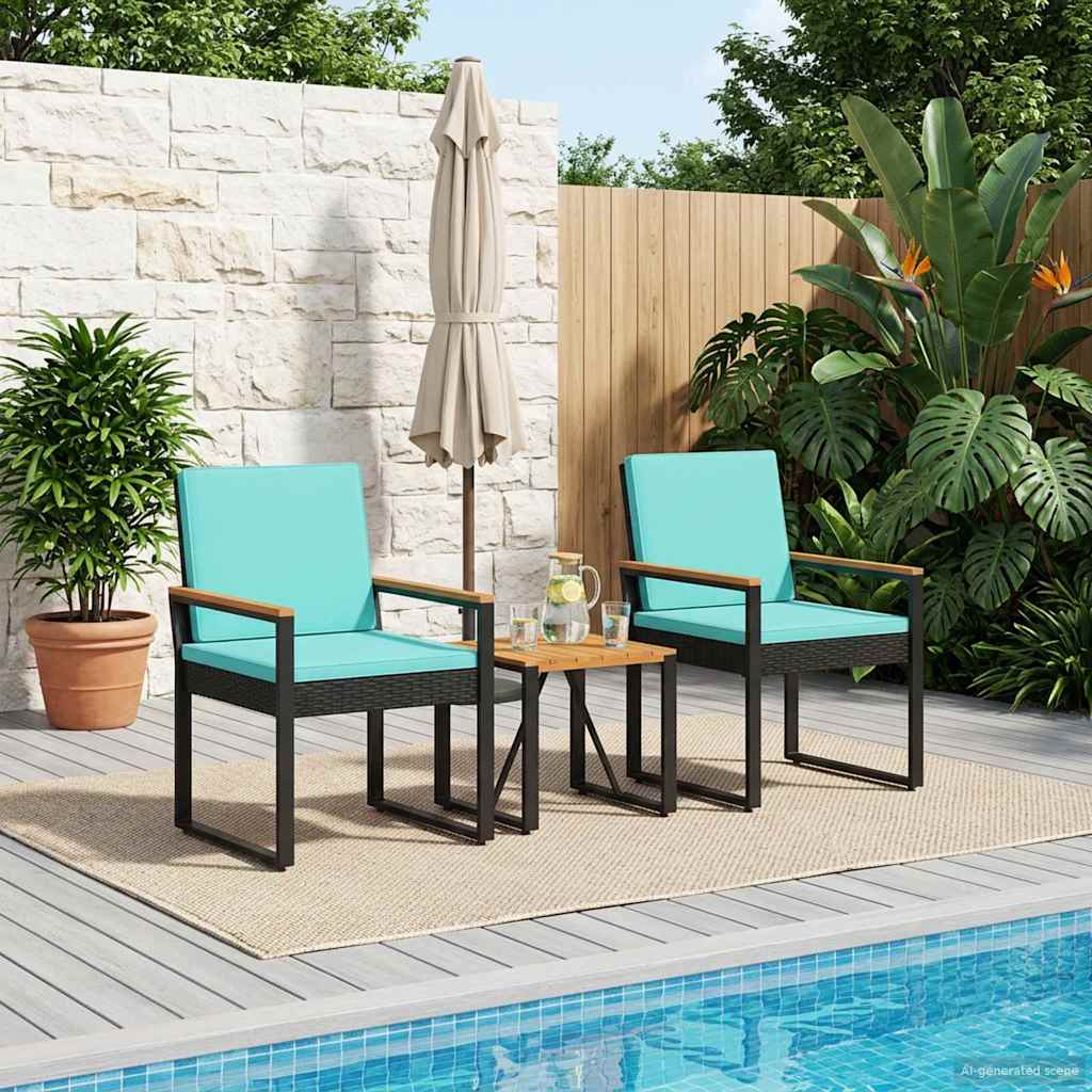 Gartenmöbel Set mit Kissen 3 pcs Schwarz und Türkis Poly-Rattan