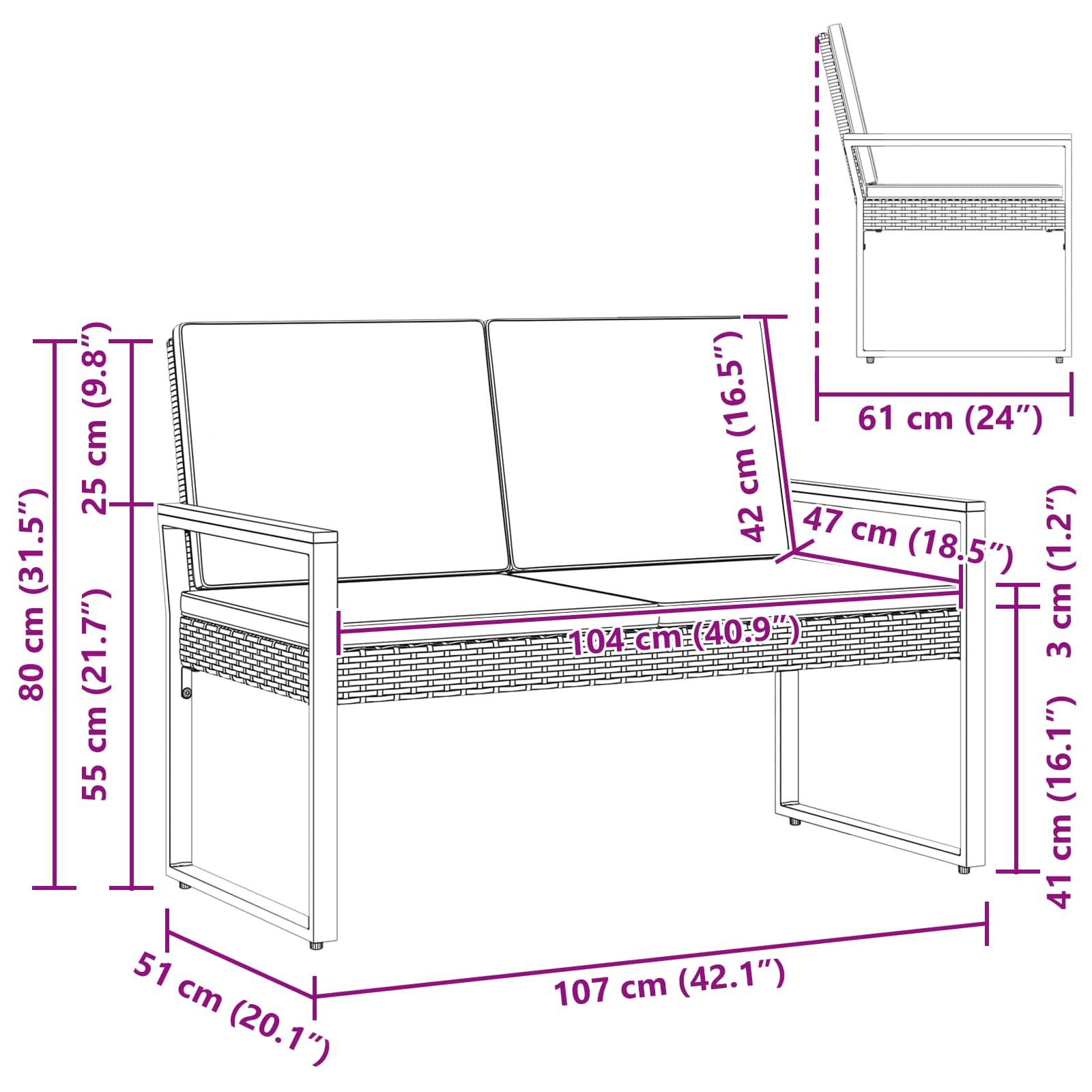 Bank Outdoor Schwarz und Cremeweiß 107 x 61 x 80 cm Poly-Rattan