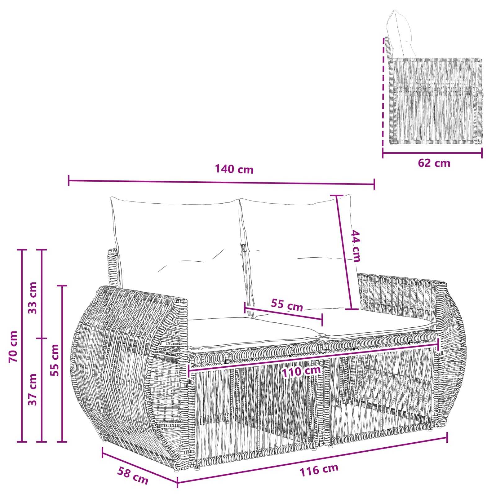 Garten-Sofa 2-Sitzanzahl Schwarz Poly-Rattan