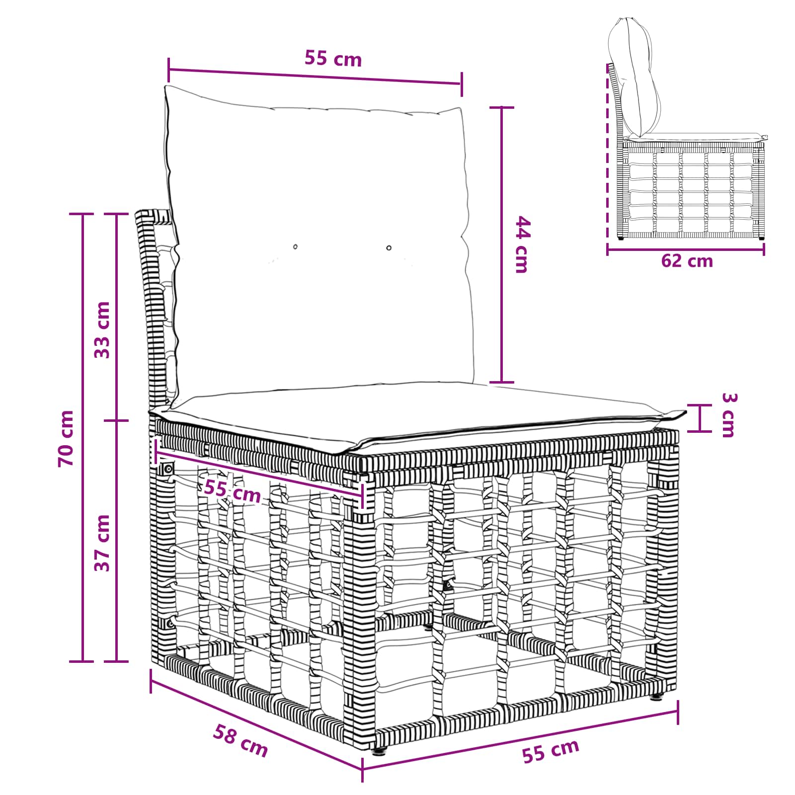 Modulares Outdoor-Sofa ohne Armlehnen Schwarz Poly-Rattan