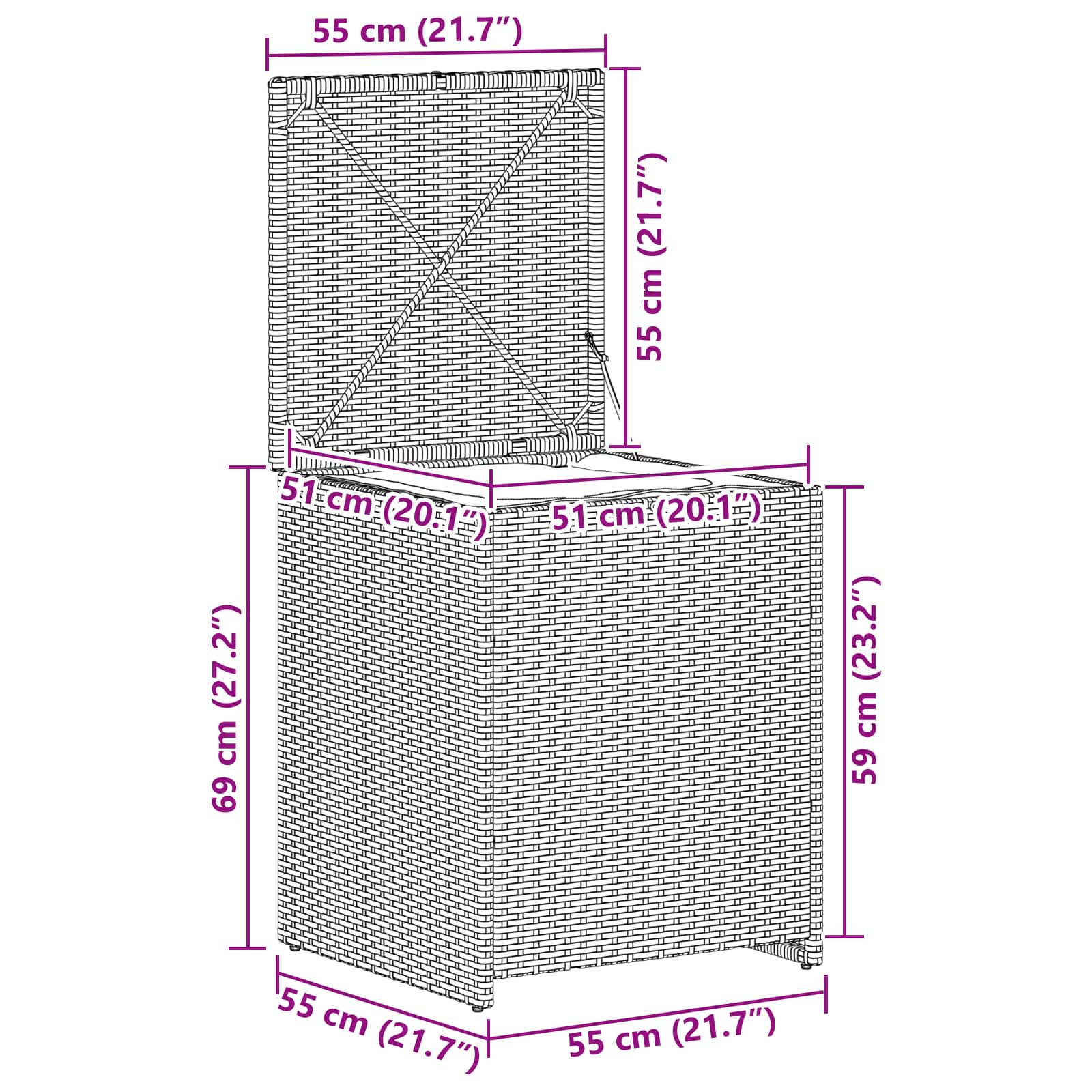 Kissenbox Hellgrau 55 x 55 x 69 cm Poly-Rattan