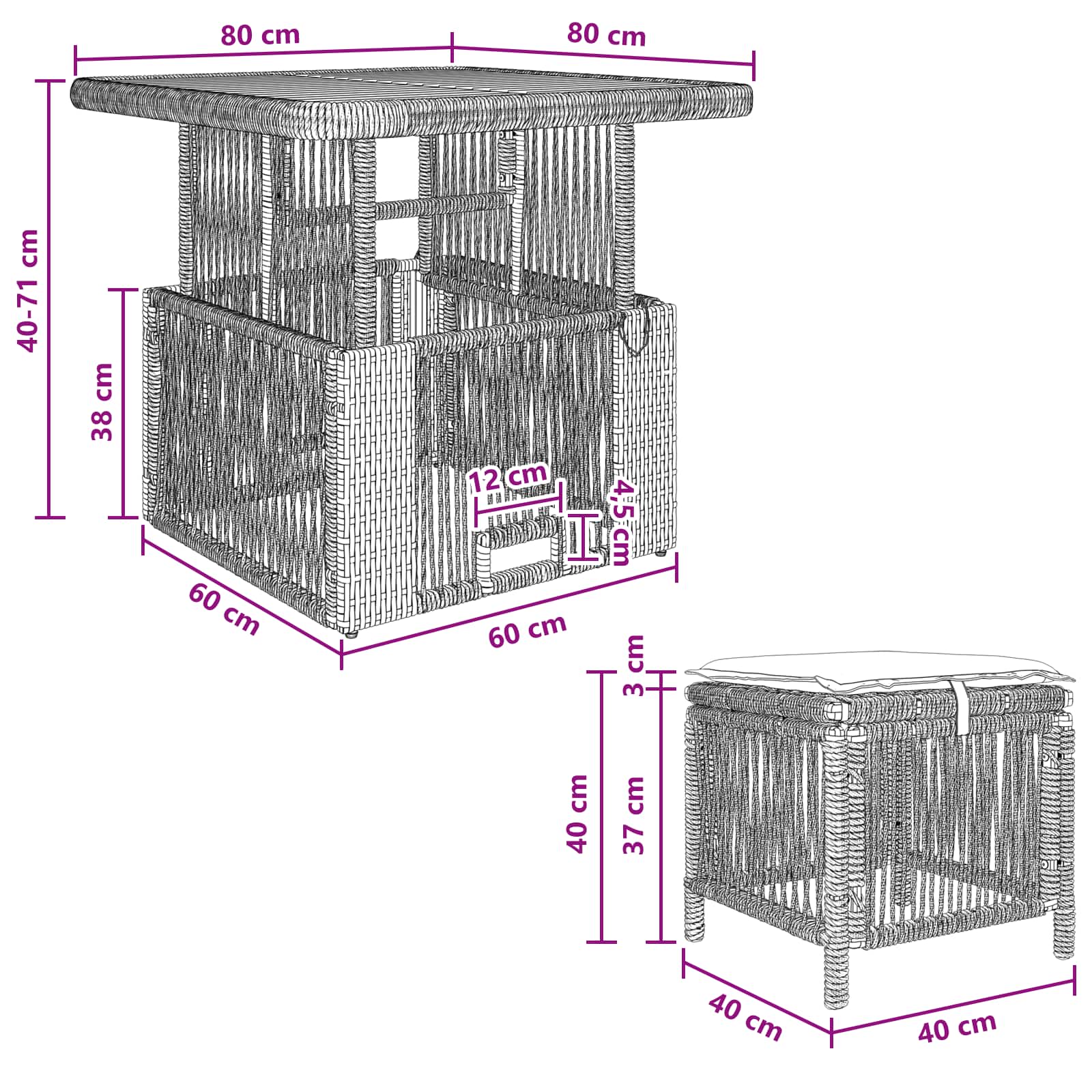 Garten Essgruppe 3 pcs Grau und Dunkelgrau Poly-Rattan