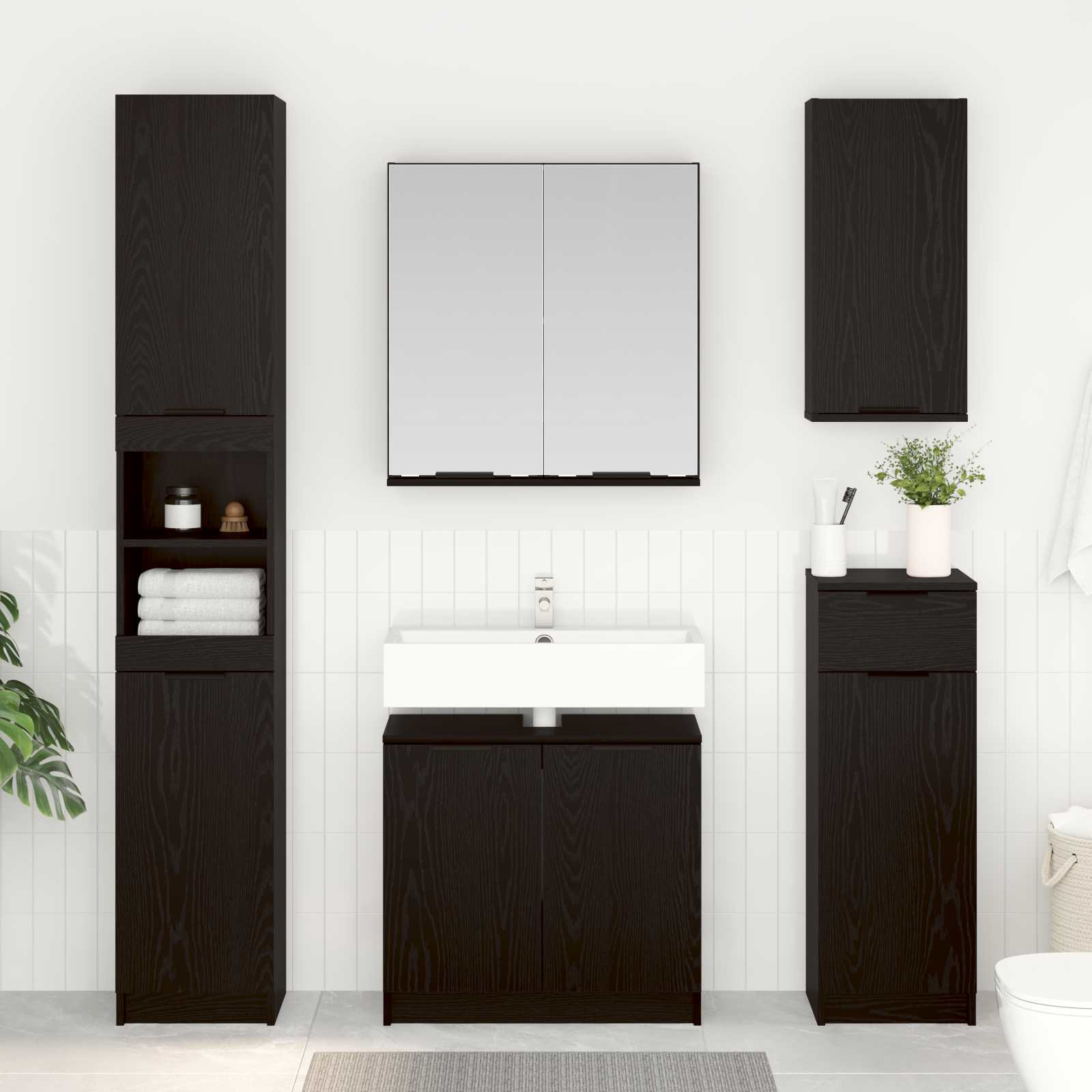 Badezimmermöbel-Set 3 pcs Schwarz Eichen-Optik Holzwerkstoff