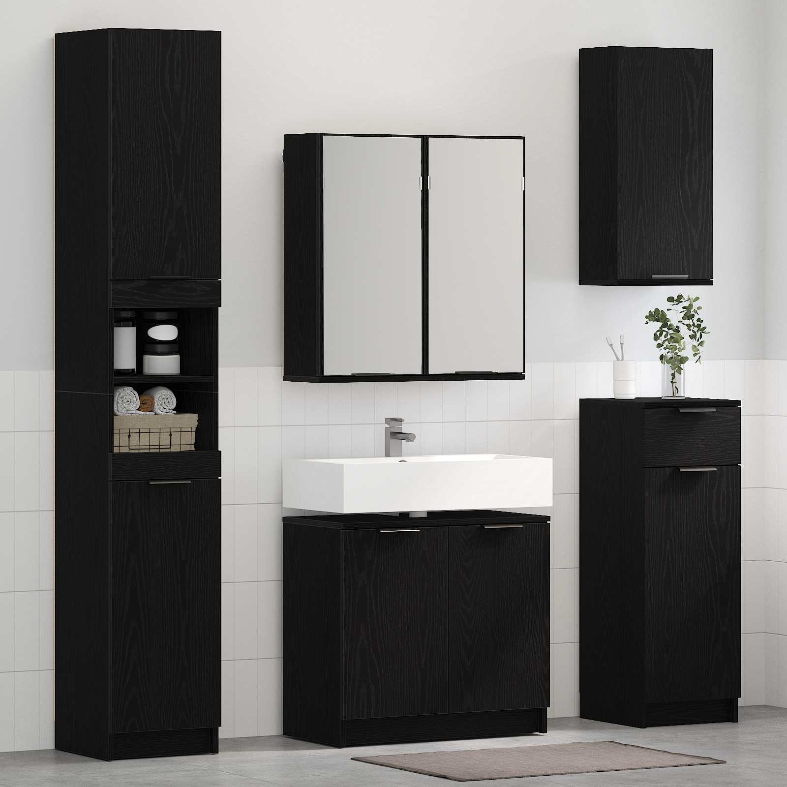Badezimmermöbel-Set 5 pcs Schwarz Eichen-Optik Holzwerkstoff