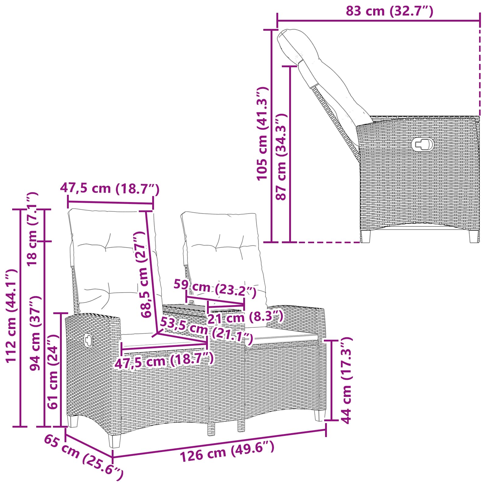 Liegebank mit Tisch Grau und Marineblau 126 x 65 x 112 cm