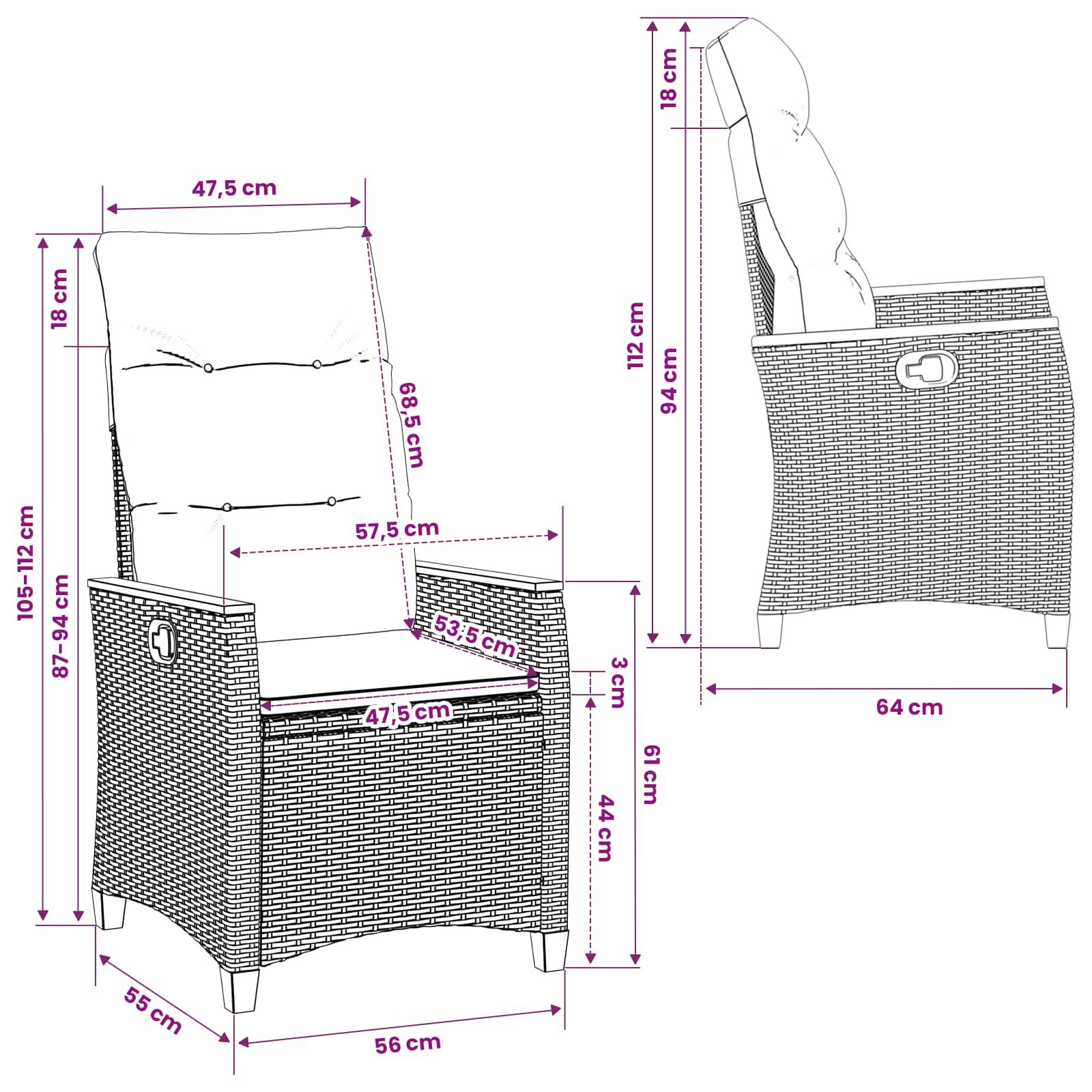Verstellbarer Gartenstuhl Schwarz und Türkis 64 x 57,5 x 112 cm