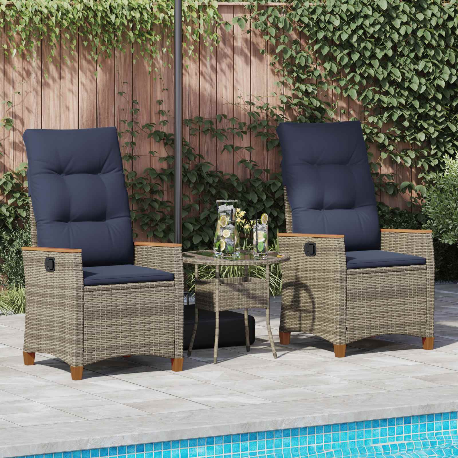 Verstellbarer Gartenstuhl 2 pcs Grau und Marineblau Poly-Rattan