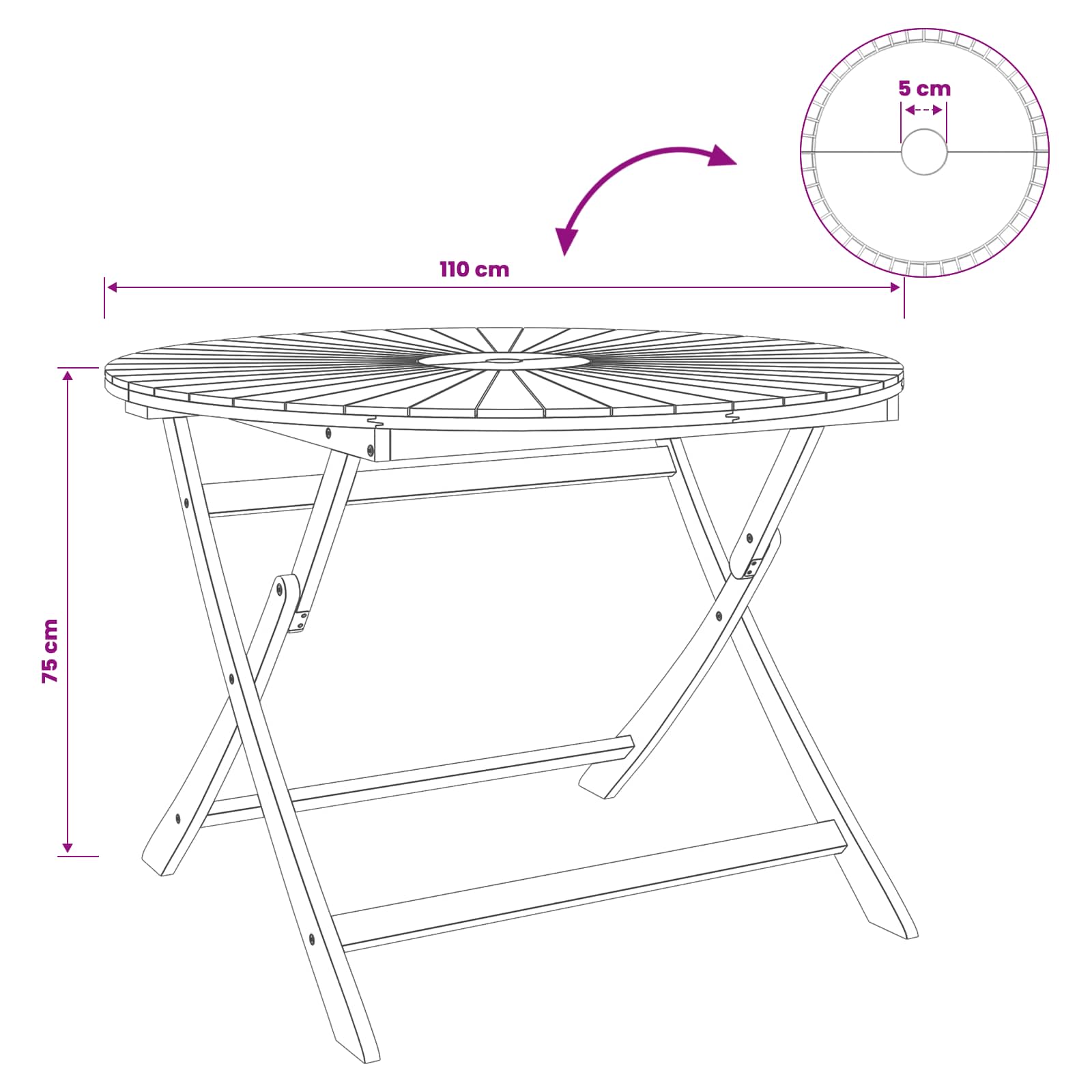 Klappbarer Gartentisch Natur Ø110 x 75 cm Massivholz Akazie