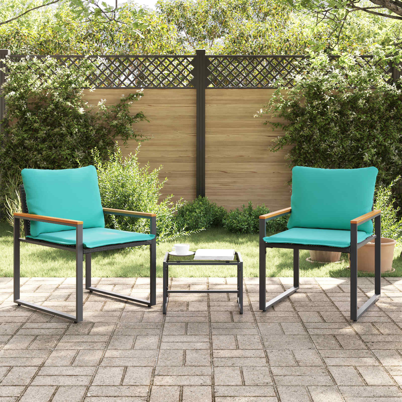 Möbelsets mit Kissen 3 pcs Schwarz und Türkis Rattan