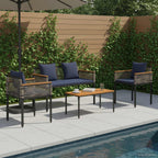 Gartenmöbel Set mit Kissen Grau und Marineblau Poly-Rattan
