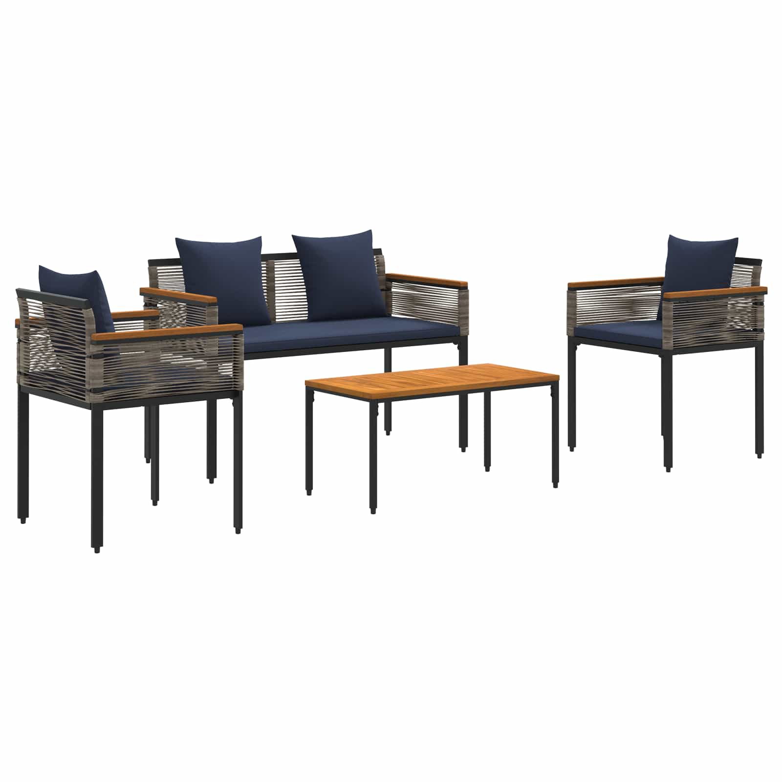 Gartenmöbel Set mit Kissen Grau und Marineblau Poly-Rattan
