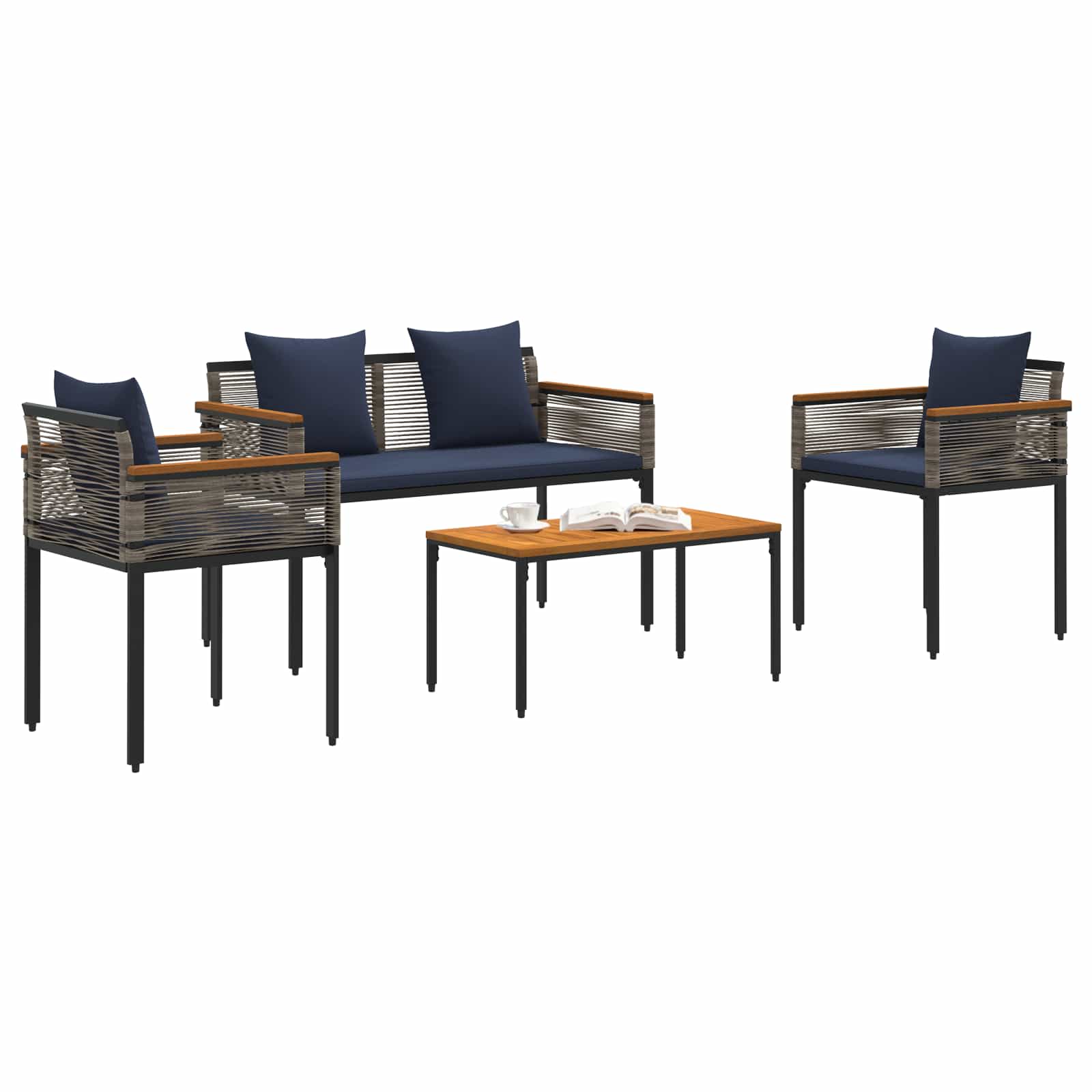Gartenmöbel Set mit Kissen Grau und Marineblau Poly-Rattan
