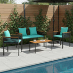 Gartenmöbel Set mit Kissen Schwarz und Türkis Poly-Rattan