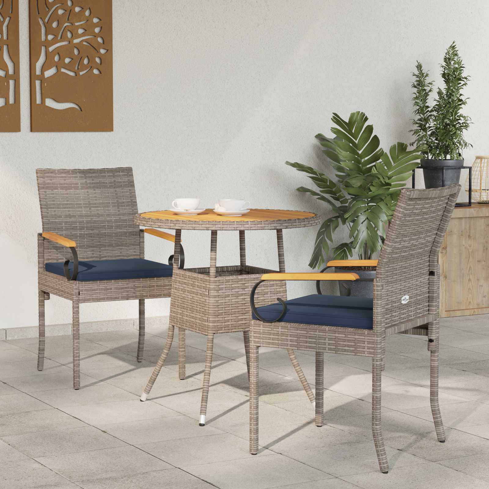 Gartenstühle 2 pcs Grau und Marineblau Poly-Rattan und Akazie