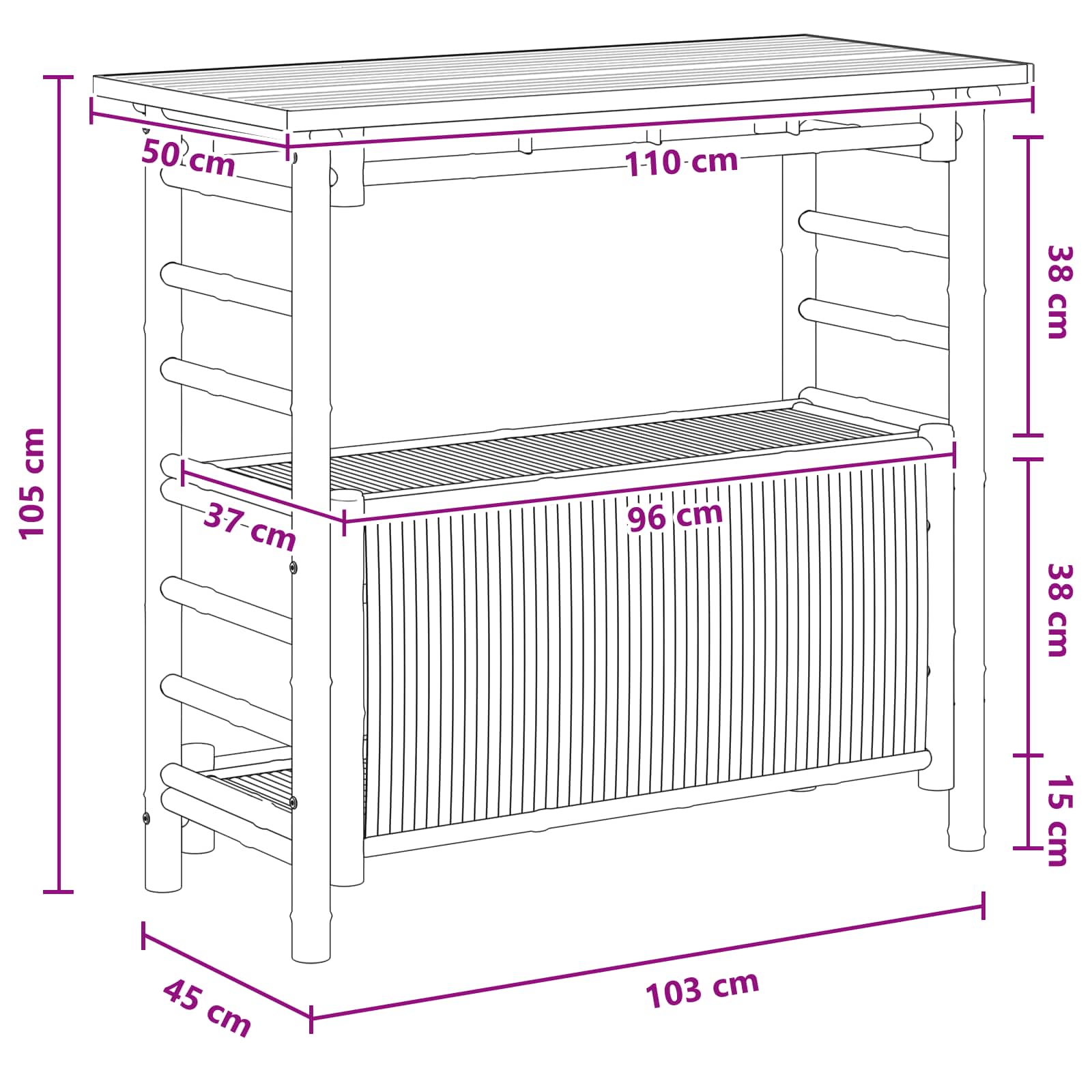 Outdoor Bartisch mit Speicher Natur 110 x 50 x 105 cm Bambus