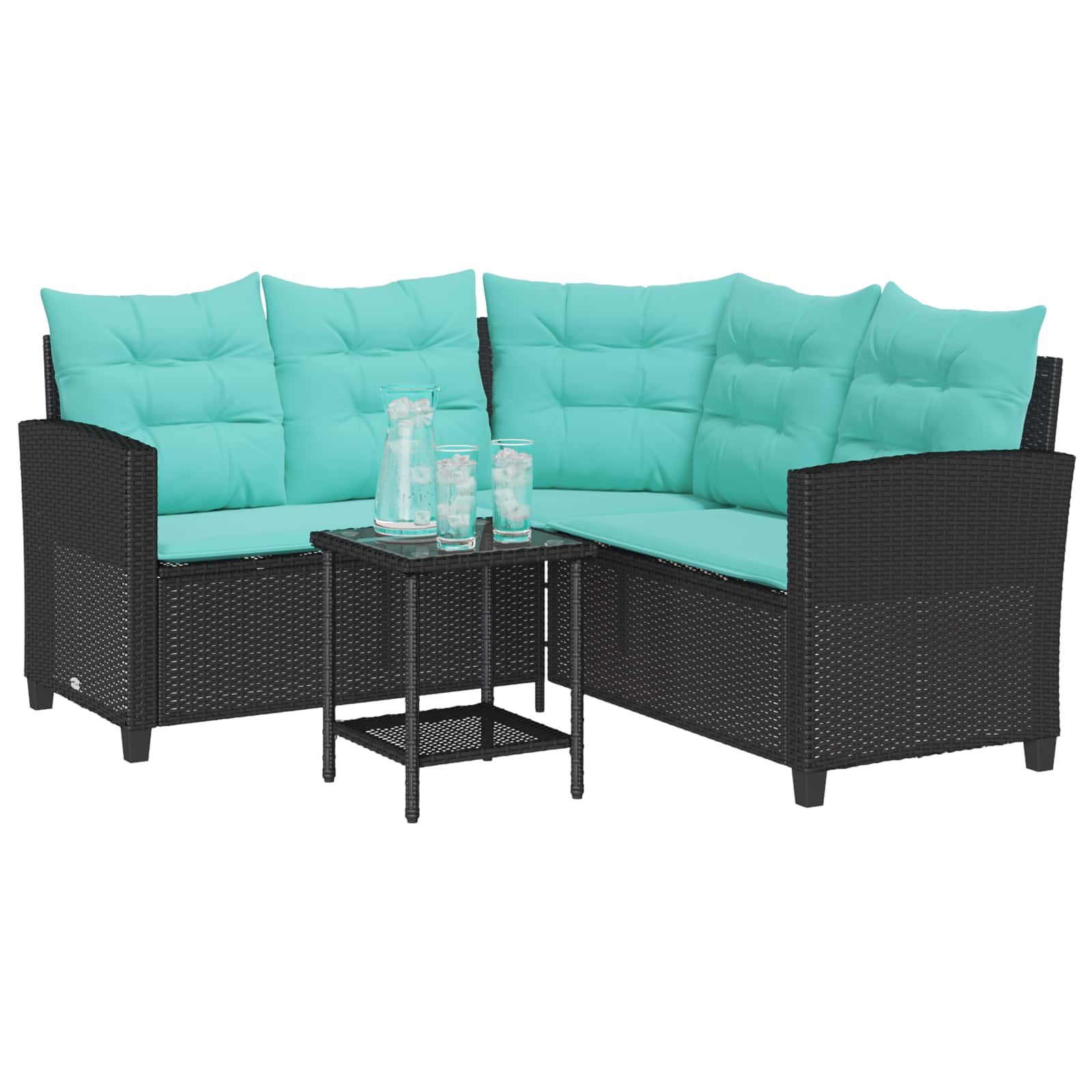 Garten-Sofa mit Kissen 2 pcs Schwarz und Türkis Poly Rattan