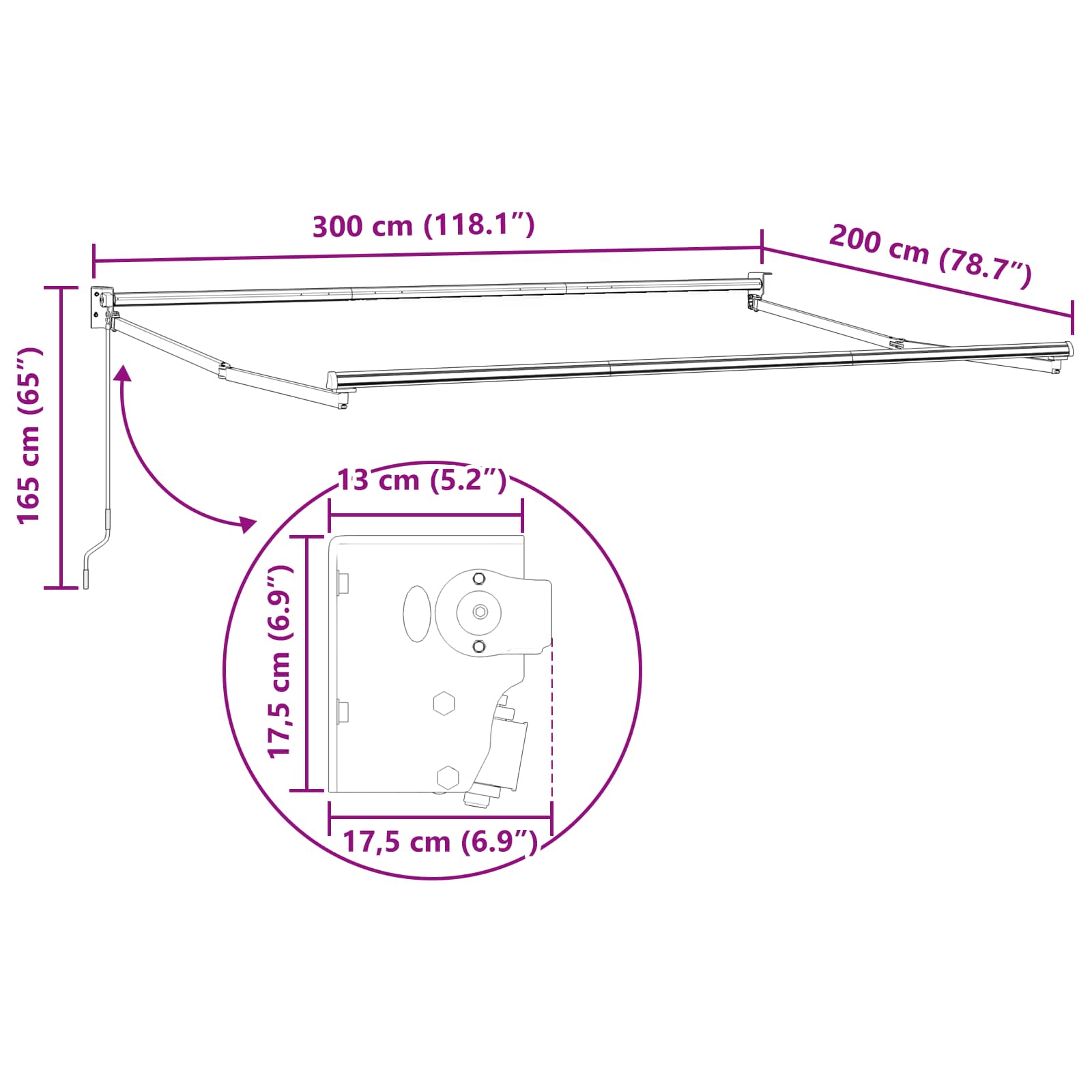 Manueller ausziehbarer Sonnenschirmrahmen Weiß 3 x 2 m