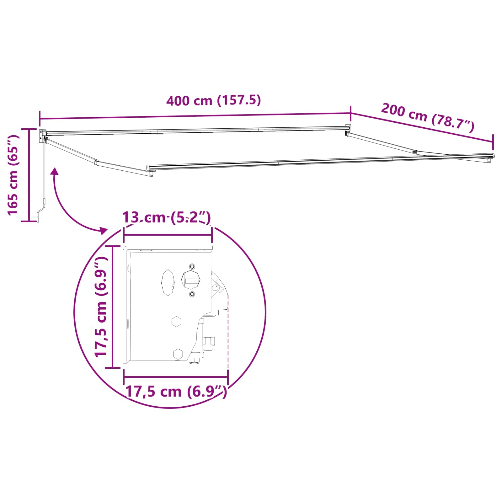 Manueller ausziehbarer Sonnenschirmrahmen Anthrazit 4 x 2 m