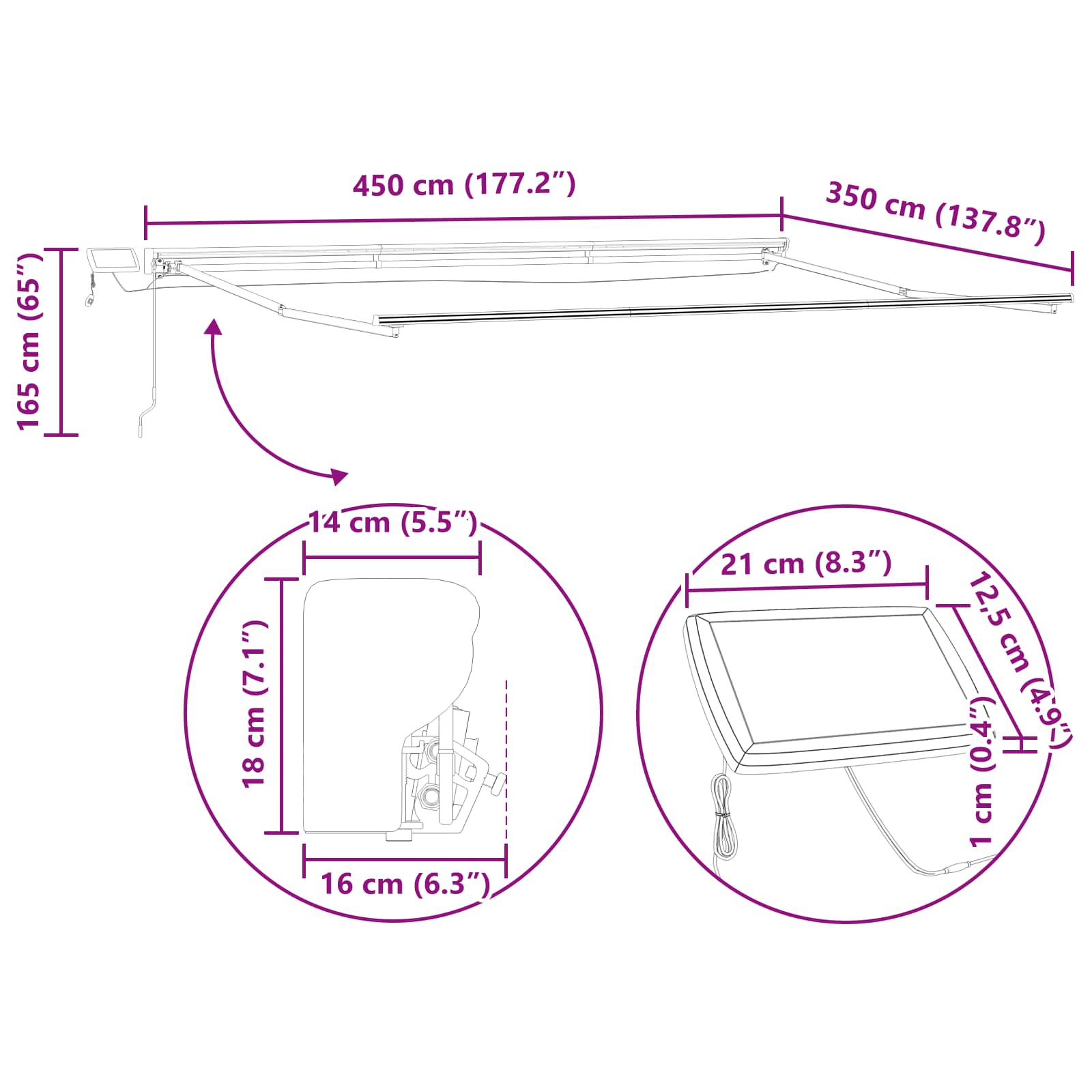 Manueller Markisenrahmen mit LEDs Anthrazit 4,5 x 3,5 m