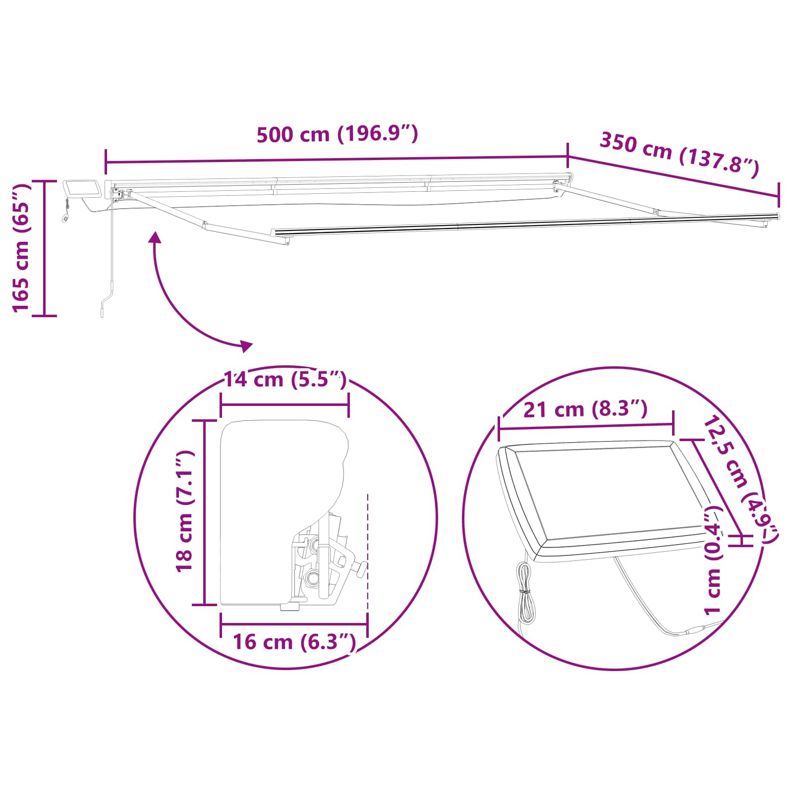 Manueller Markisenrahmen mit LEDs Anthrazit 5 x 3,5 m Aluminium